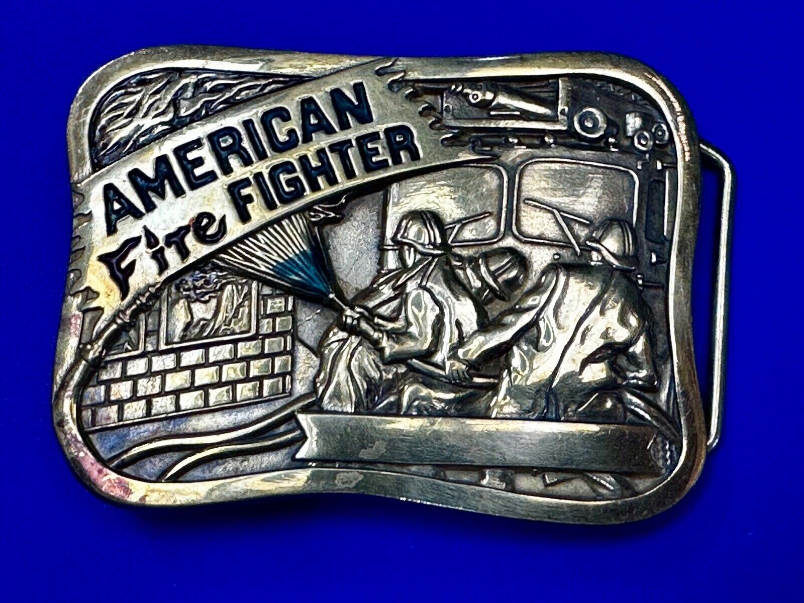 American Firefighters at work putting out fire Vintage 1981 Baron Belt Buckle