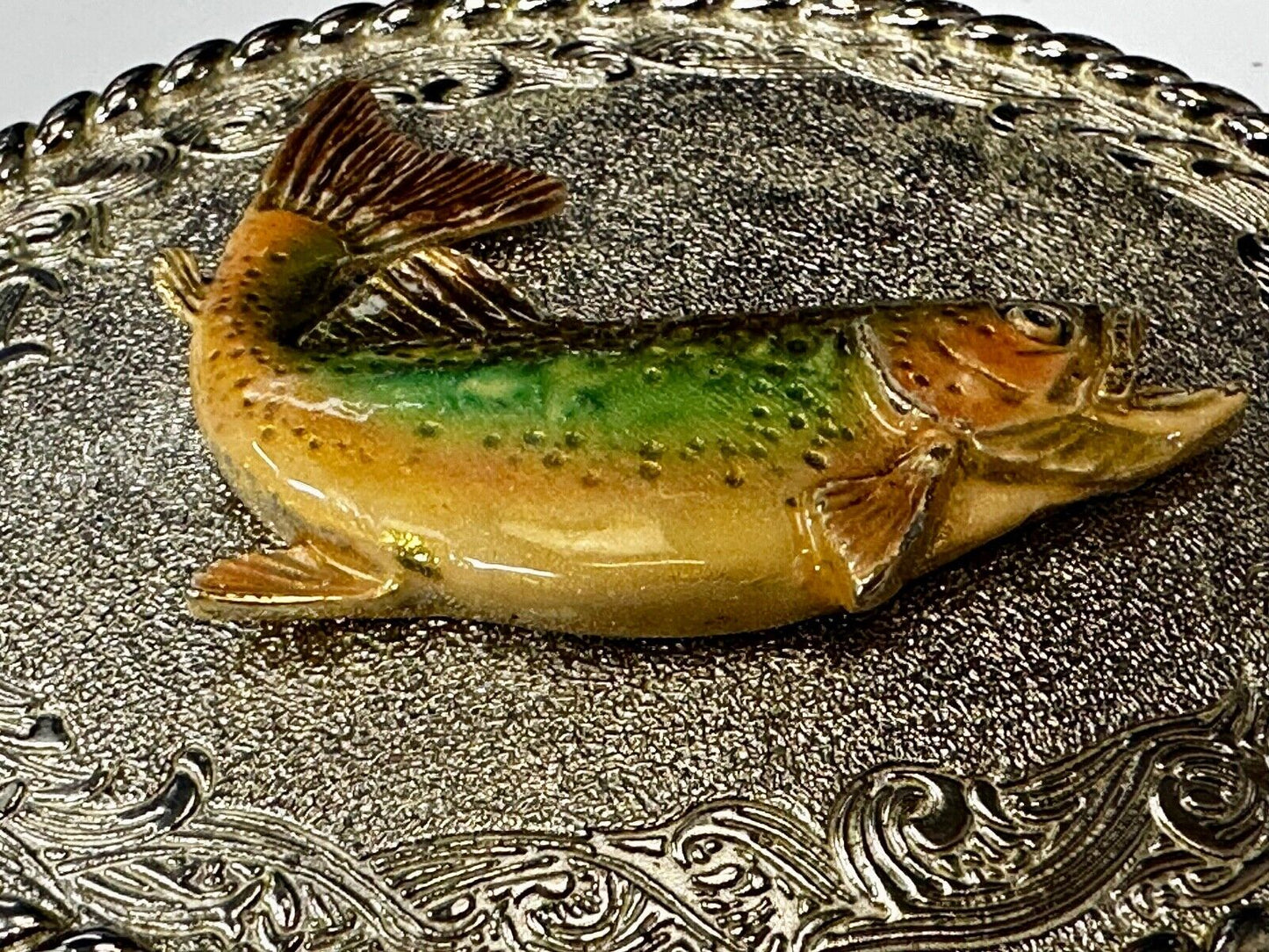 Trout Fish Fisherman Gift Vintage 1978 Oval Belt Buckle by Rain Tree