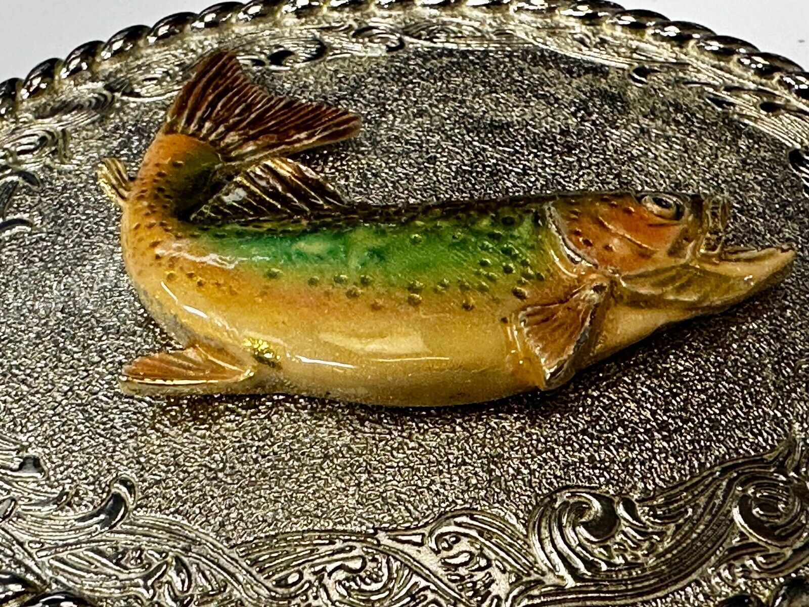 Trout Fish Fisherman Gift Vintage 1978 Oval Belt Buckle by Rain Tree