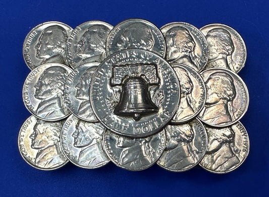 Artist Made Coin Cluster Liberty bell half dollar Nickels belt buckle