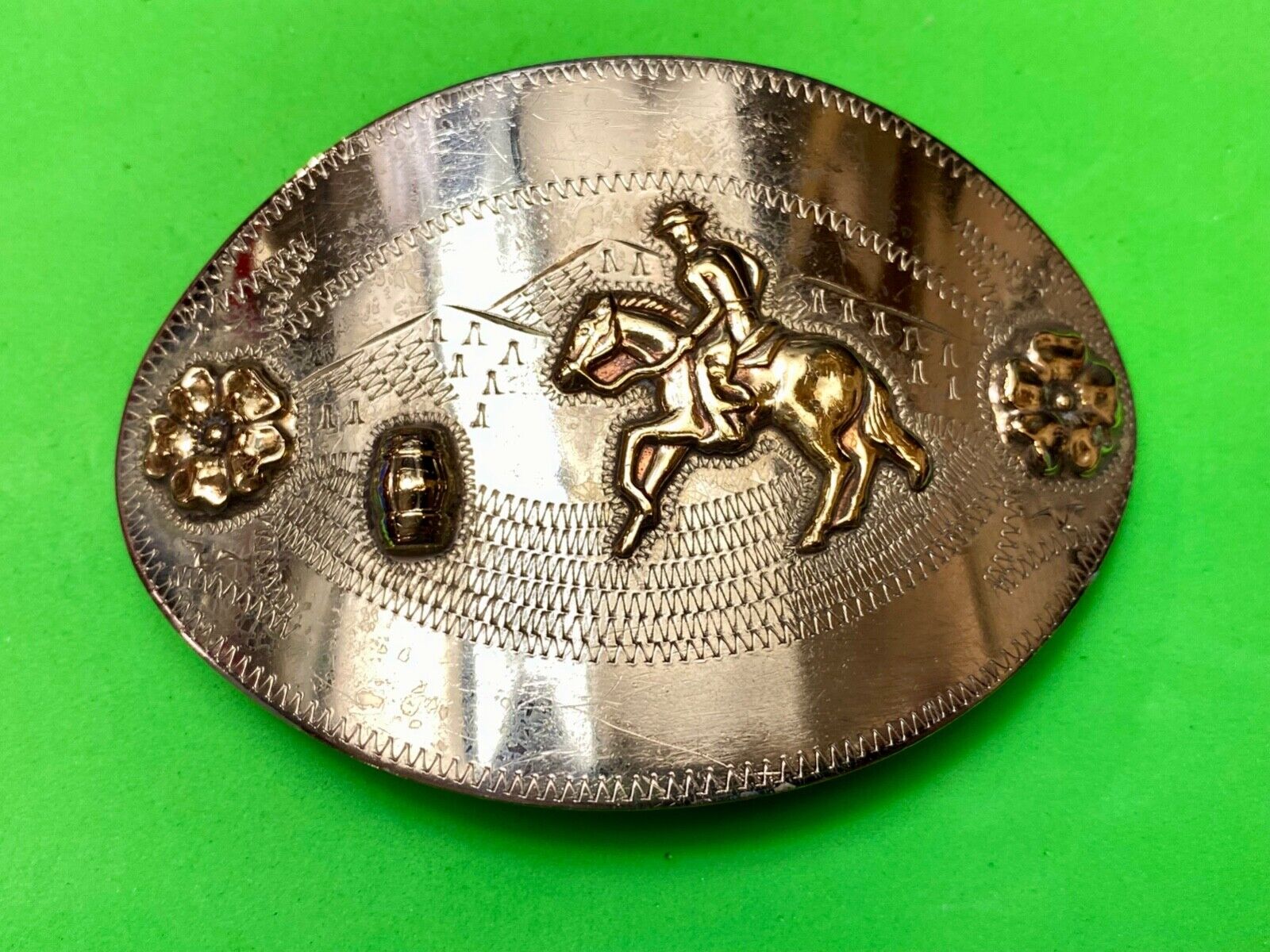 Barrel Horse Rider,  Nickel Silver Belt Buckle W/ Bronze Trim by Don Ricardo