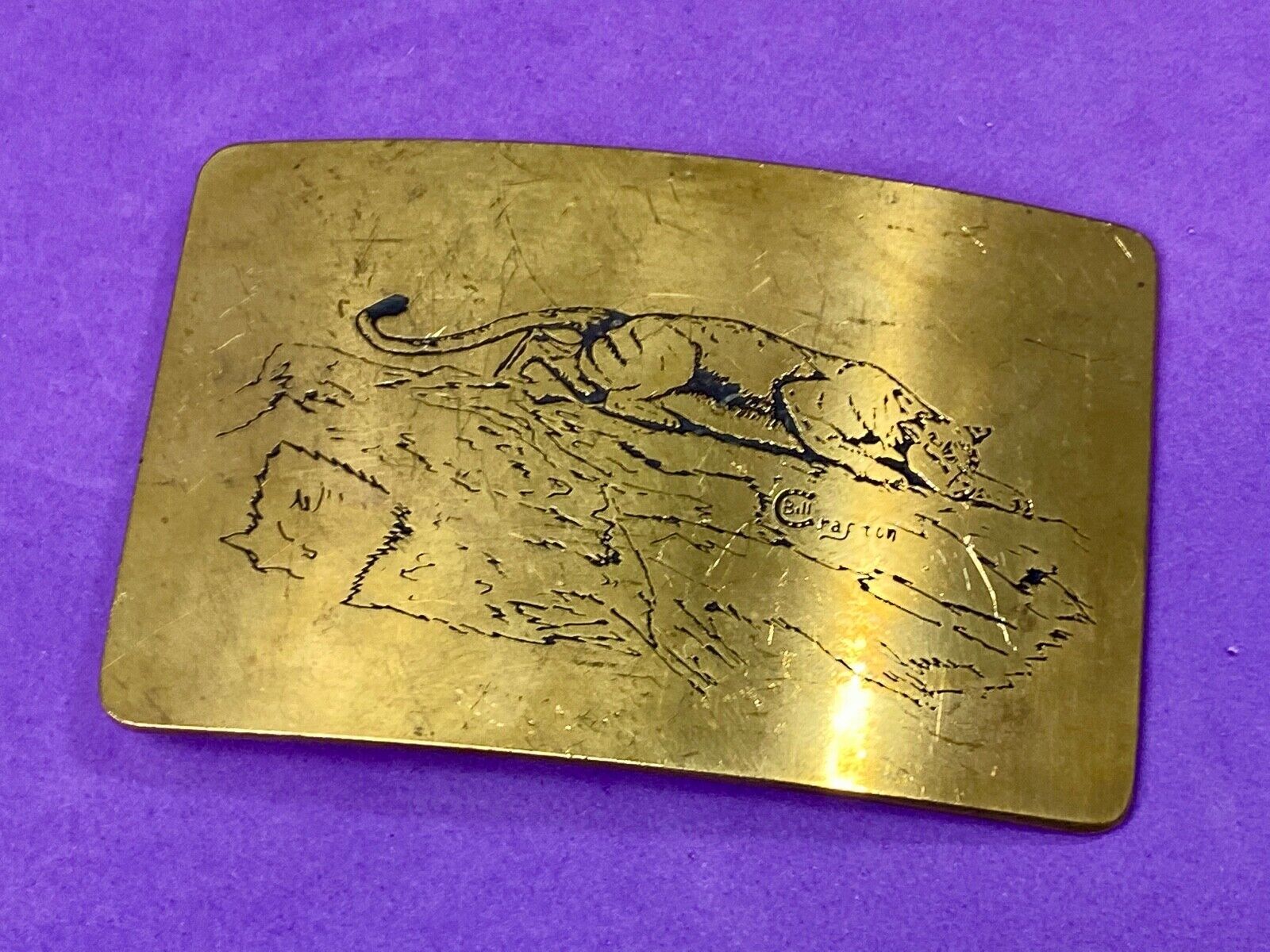 Vintage ART WORK Cat Cougar Tiger drawing Art Belt Buckle by BILL CRAFTON 