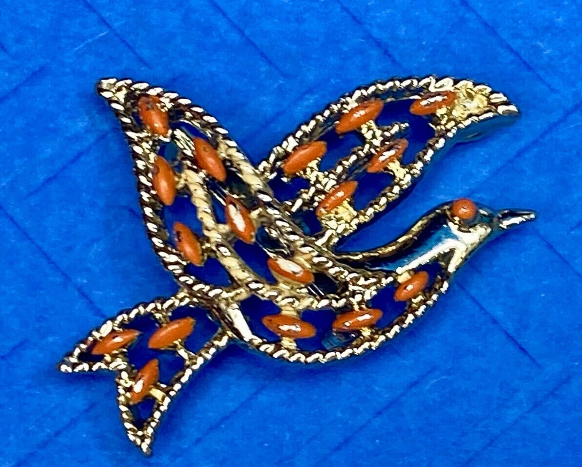 Vintage Gerry's Flying Bird Dove Orange Stone Enamel Gold Tone Brooch Pin