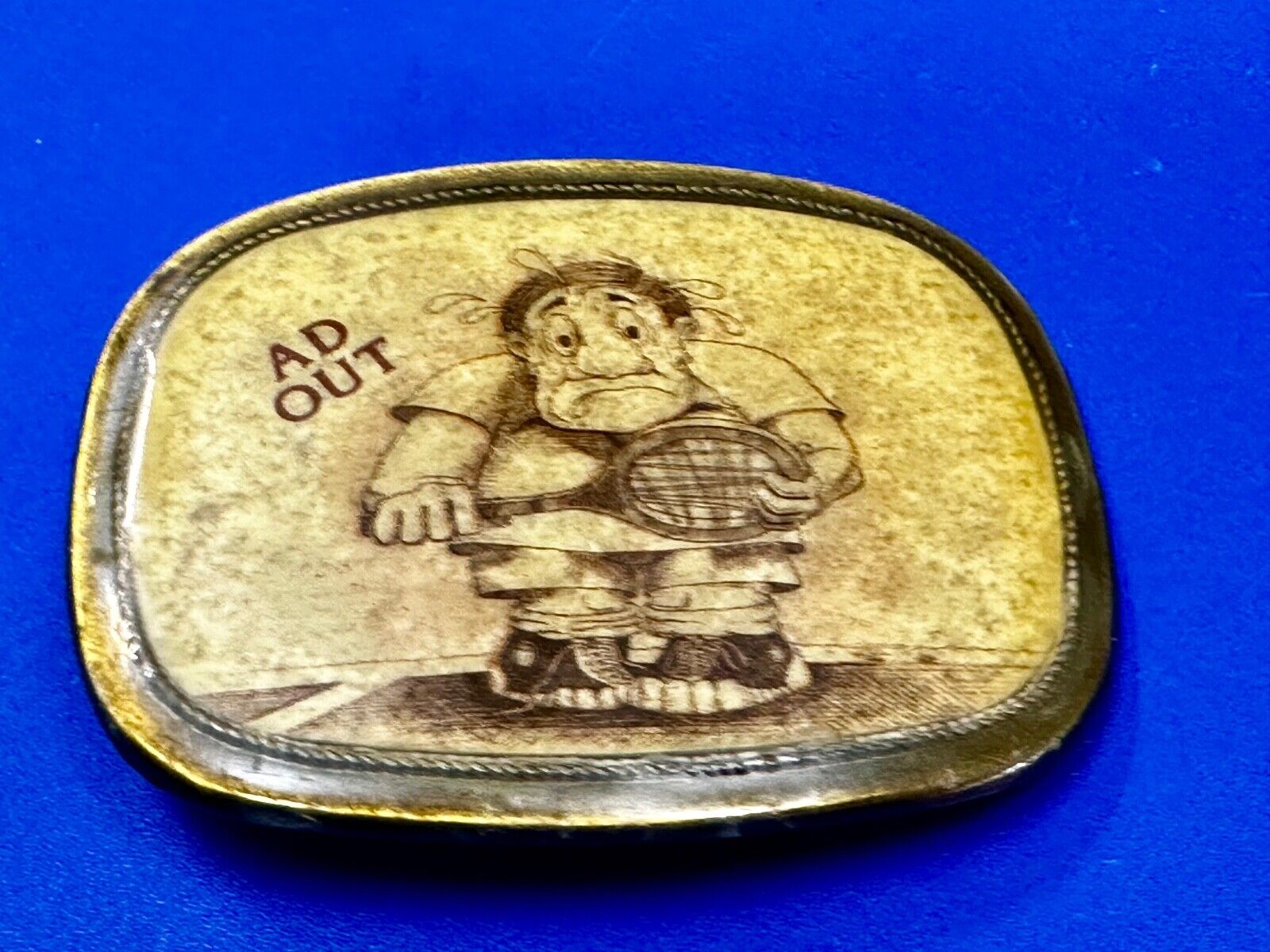 Vintage Cartoon Man AD OUT - Tennis Game Match Retro Sports Belt Buckle