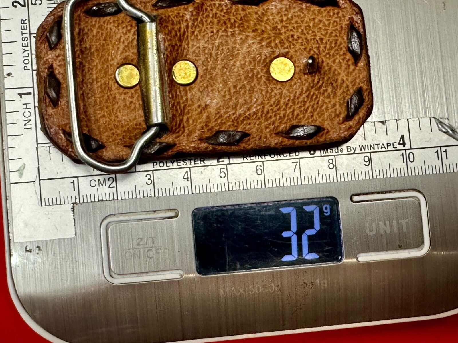 Vintage leaf pattern on stitched multi layer leather rectangular belt buckle
