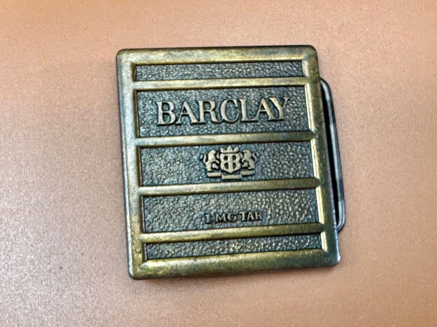 1970's Barclay Cigarettes Tobacciana RJ Reynolds Box Label 1mg Tar belt buckle