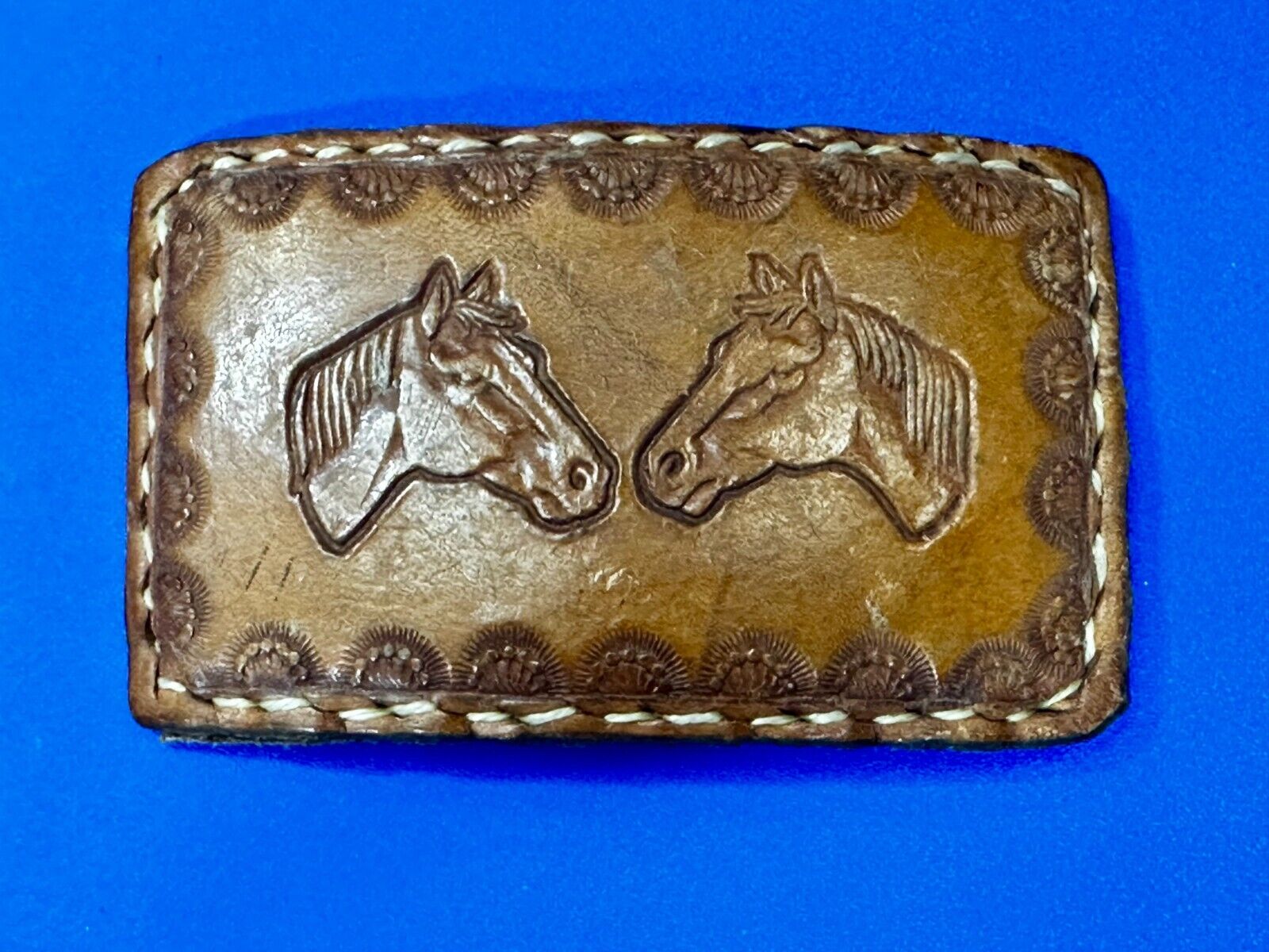 Two Horse Heads Vintage Stitched Brown Leather Rectangular Belt Buckle