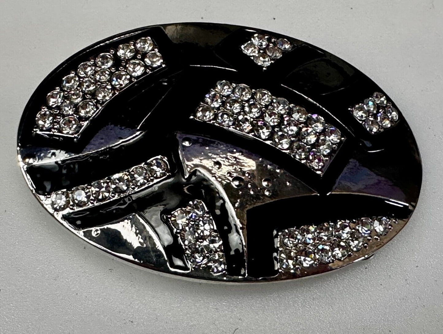 Unique Rhinestone Accented Black & Silver Tone Women's Oval Belt Buckle