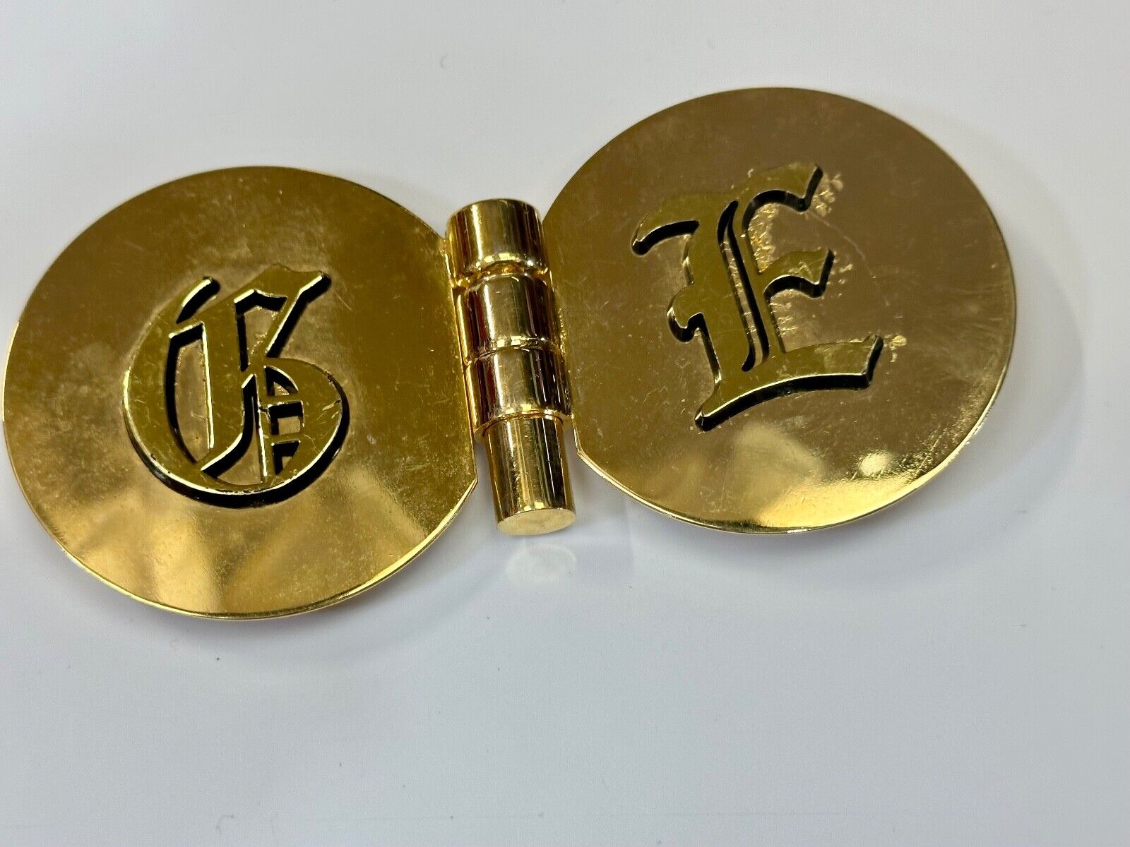 vintage initials letter GE? Hinged gold tone belt buckle