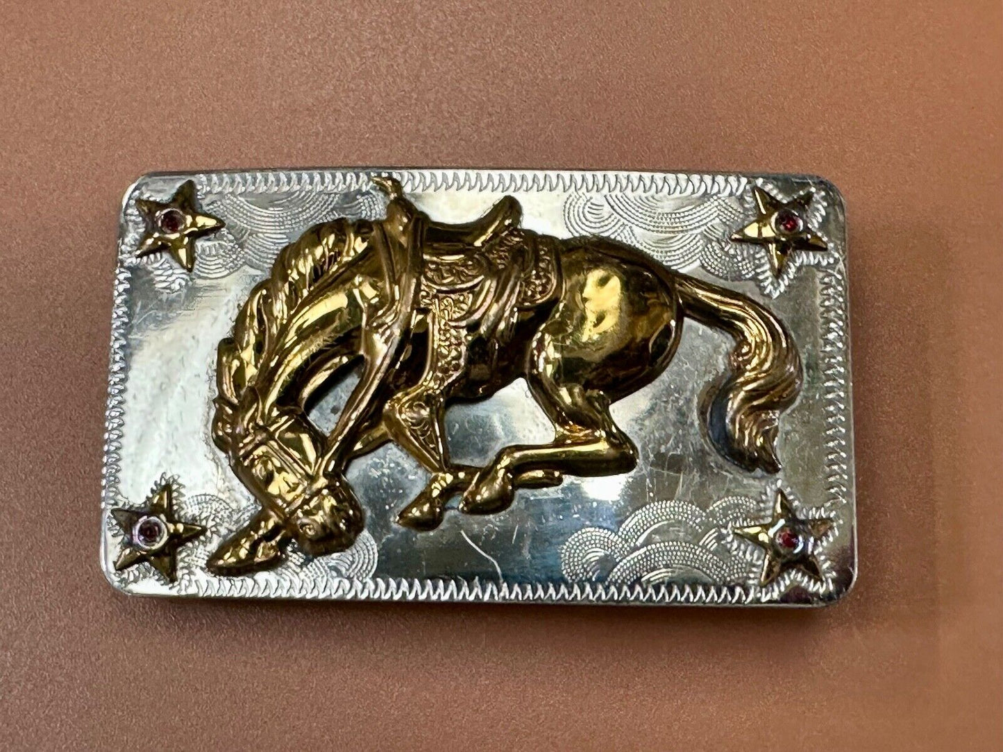 Vintage Horse w/  head down end of the trail Nickel Silver belt buckle w/ Stars