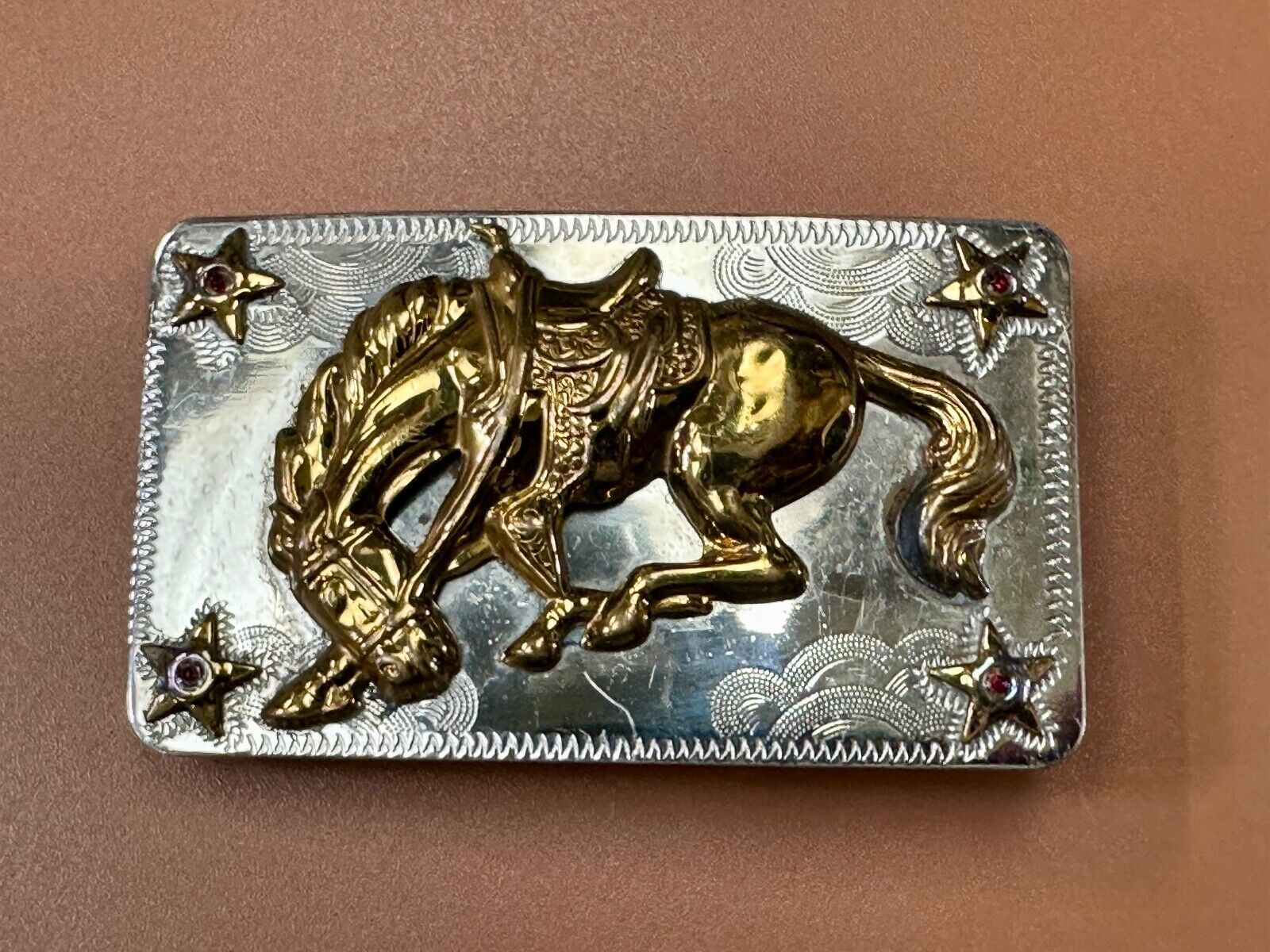 Vintage Horse w/  head down end of the trail Nickel Silver belt buckle w/ Stars