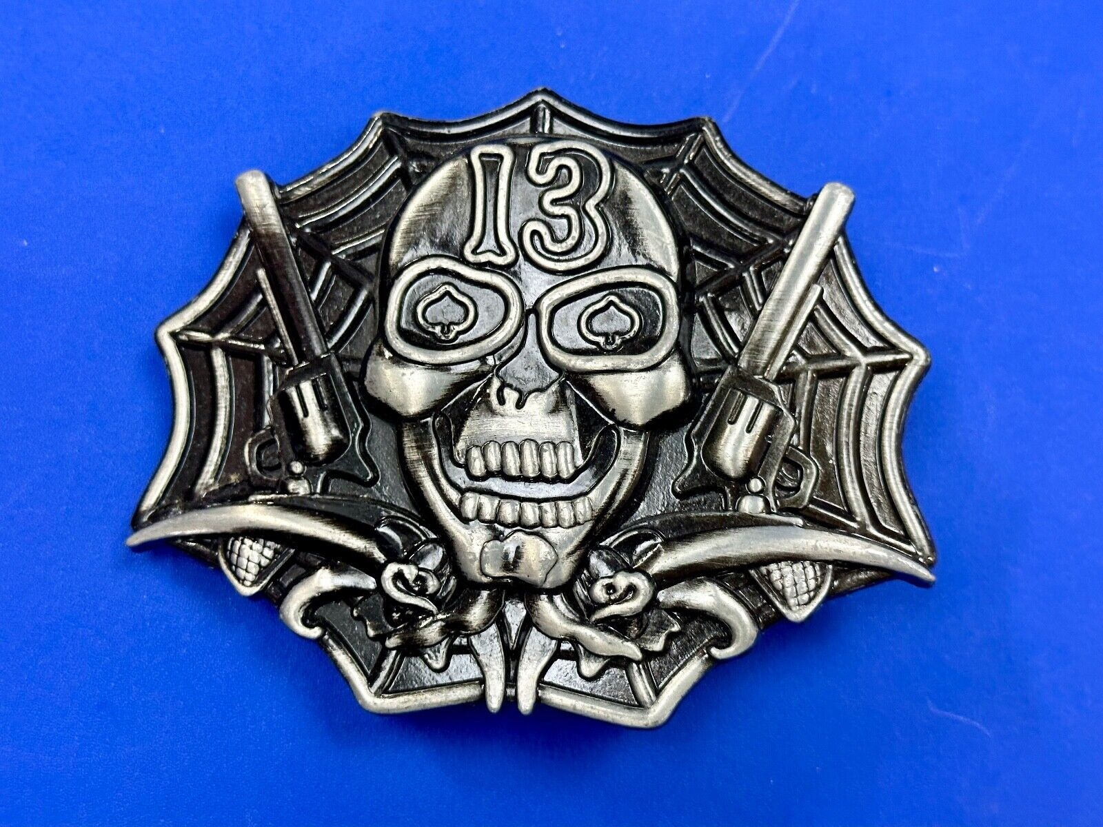 Vampire Skull with bat wings and number 13 metal belt buckle