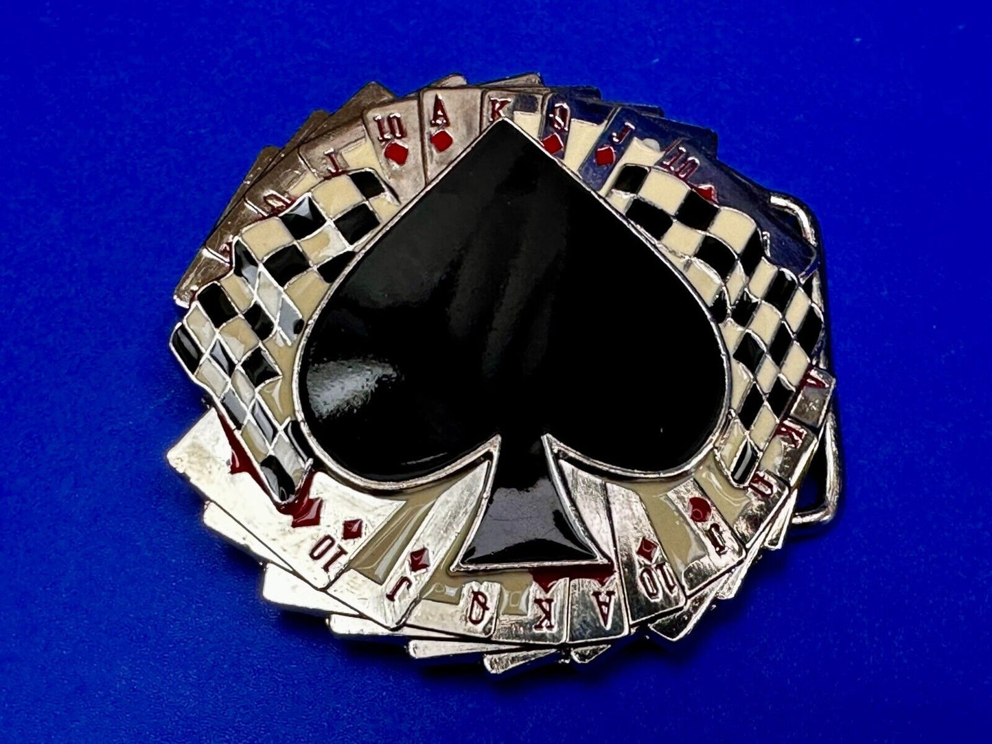Ace of Spades Cards Royal Flush Poker Checkered Flag Gambling Casino Belt Buckle