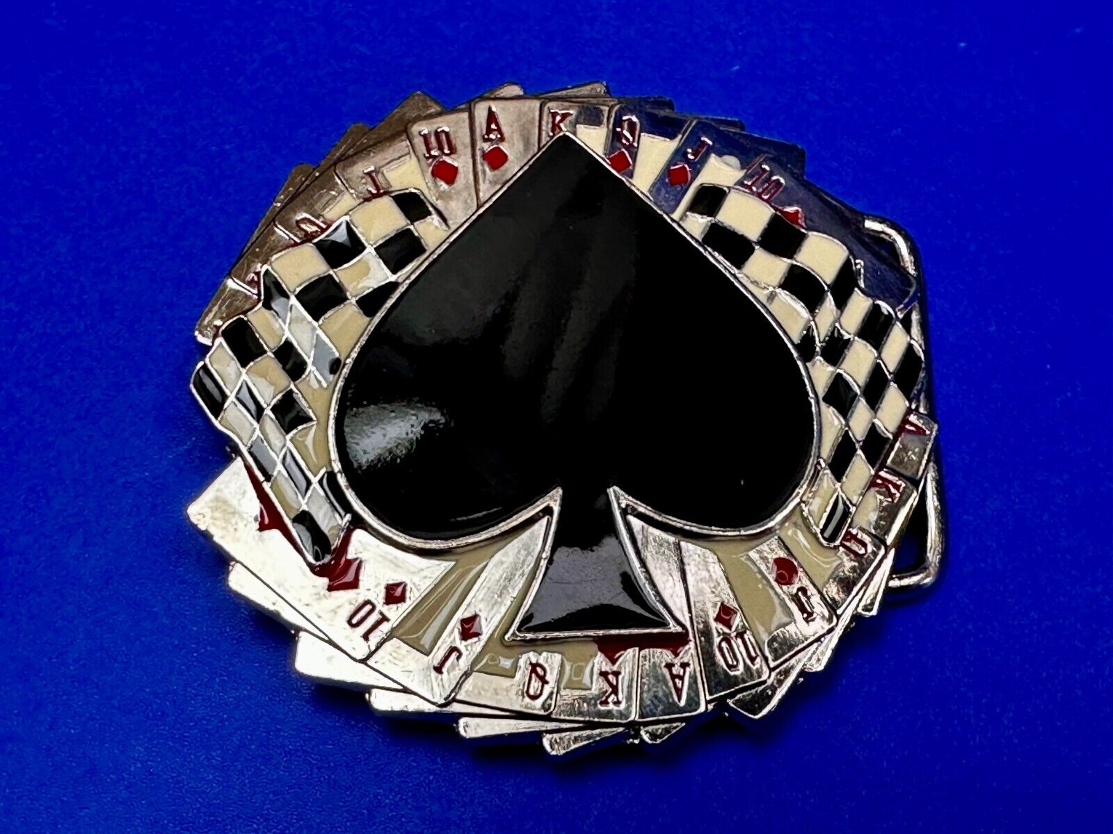Ace of Spades Cards Royal Flush Poker Checkered Flag Gambling Casino Belt Buckle
