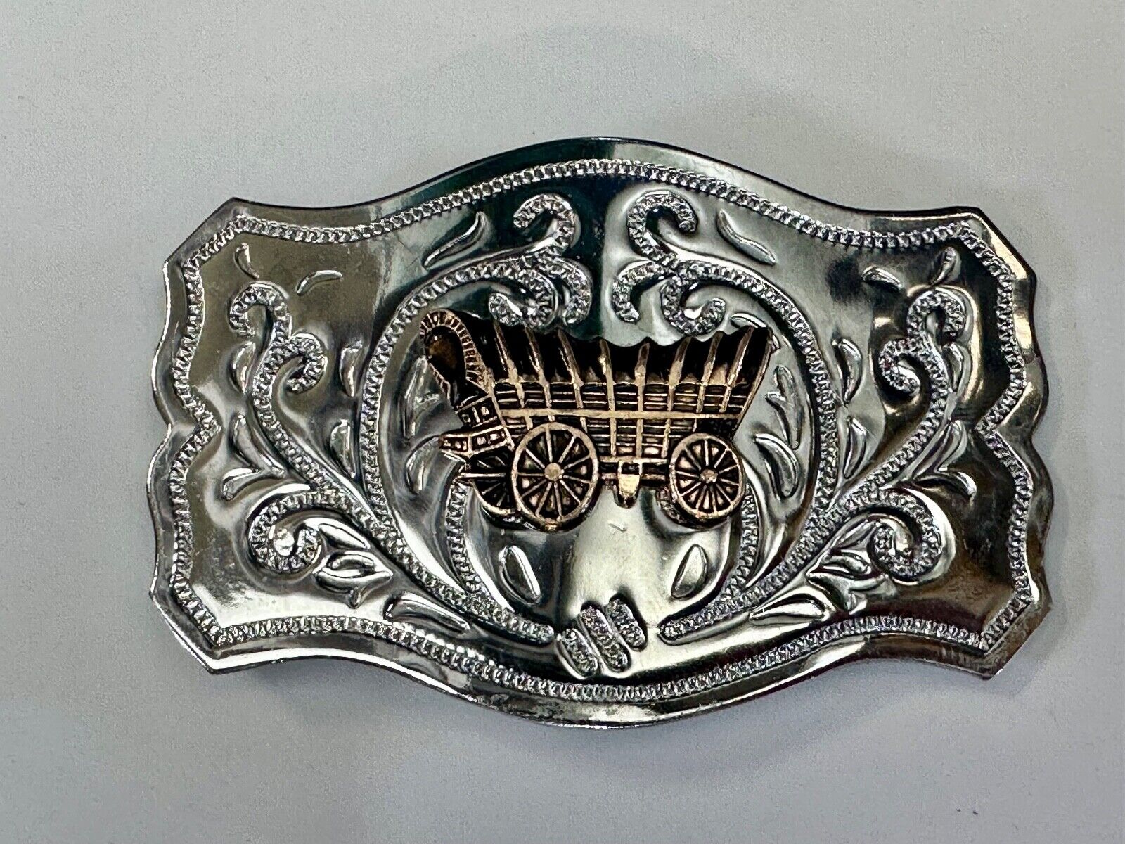 Vintage Covered Wagon - western two tone outlined ornate belt buckle