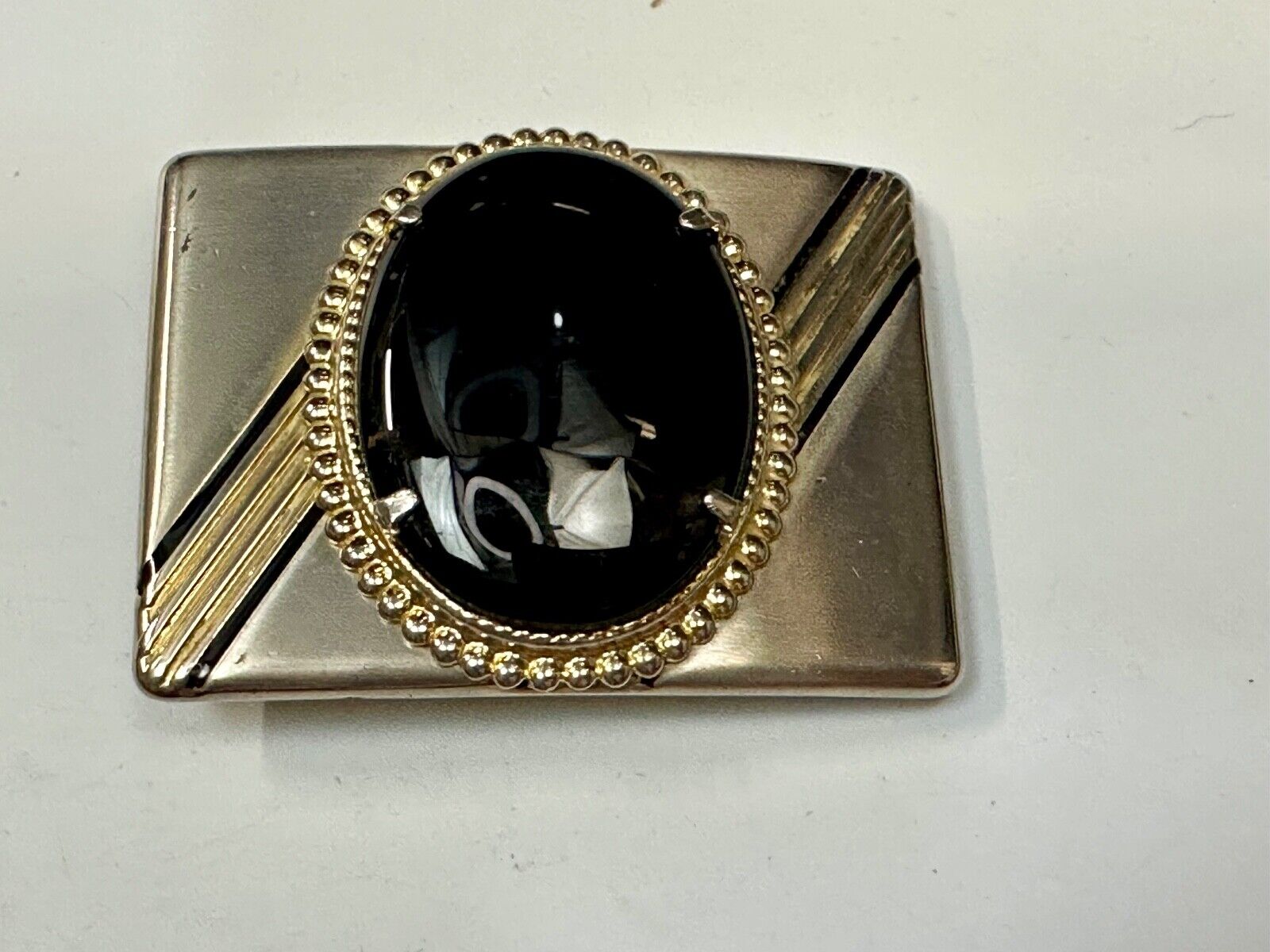 BALCK AGATE Cabochon Stone Centerpiece on retro sideways striped Belt Buckle