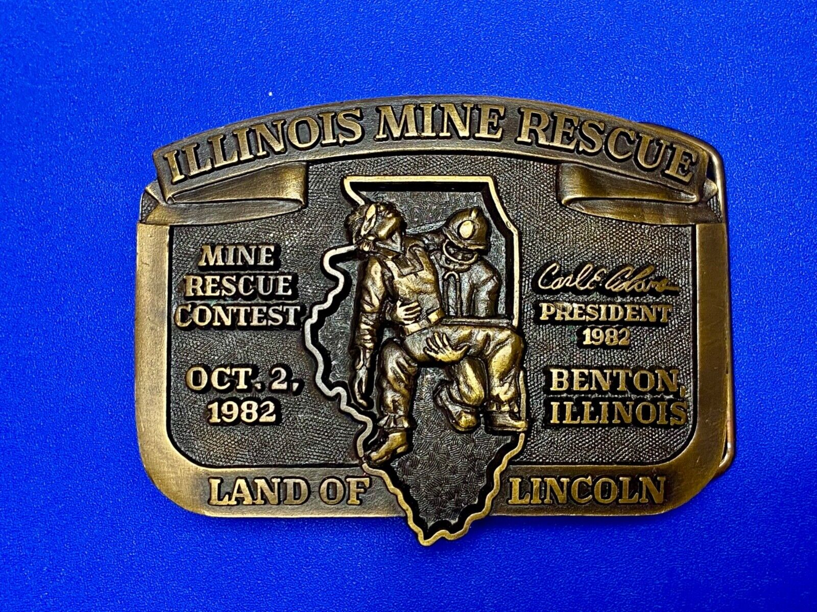 1982  Illinois Mine Rescue, The land of Lincoln - Benton belt buckle