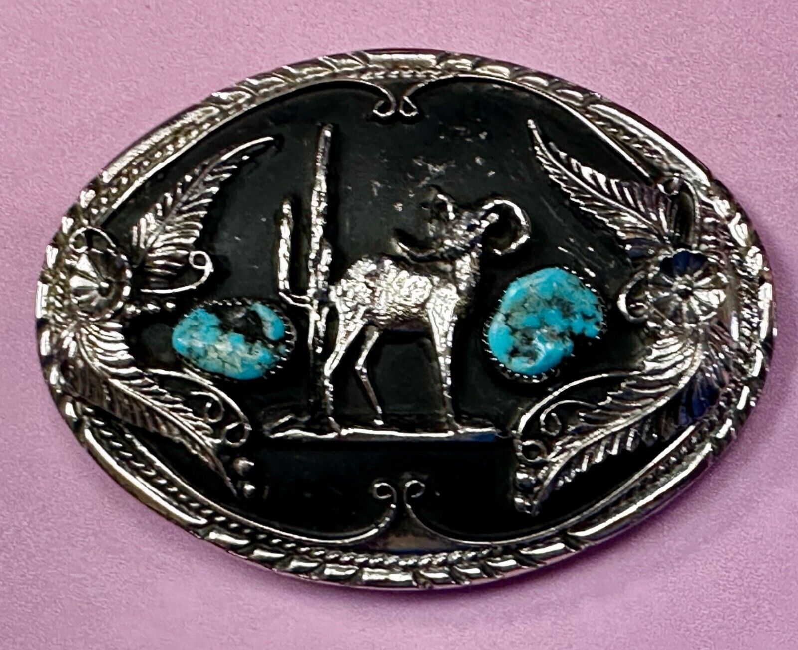 Bighorn Sheep Ram Mountain Goat Turquoise Stone Flower Leaf Western Belt Buckle