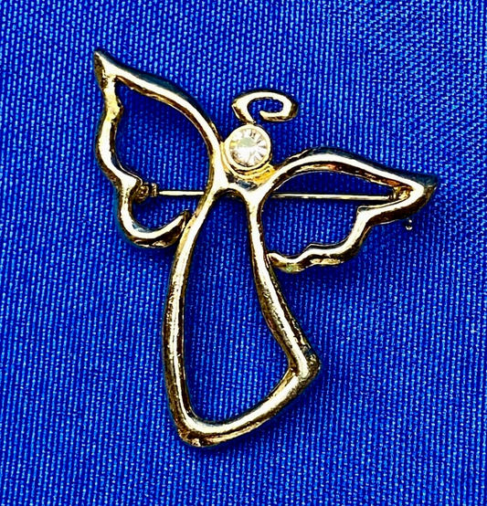 Vintage AJMC Angel Cutout Gold Tone with Rhinestone Brooch Pin Costume Jewelry