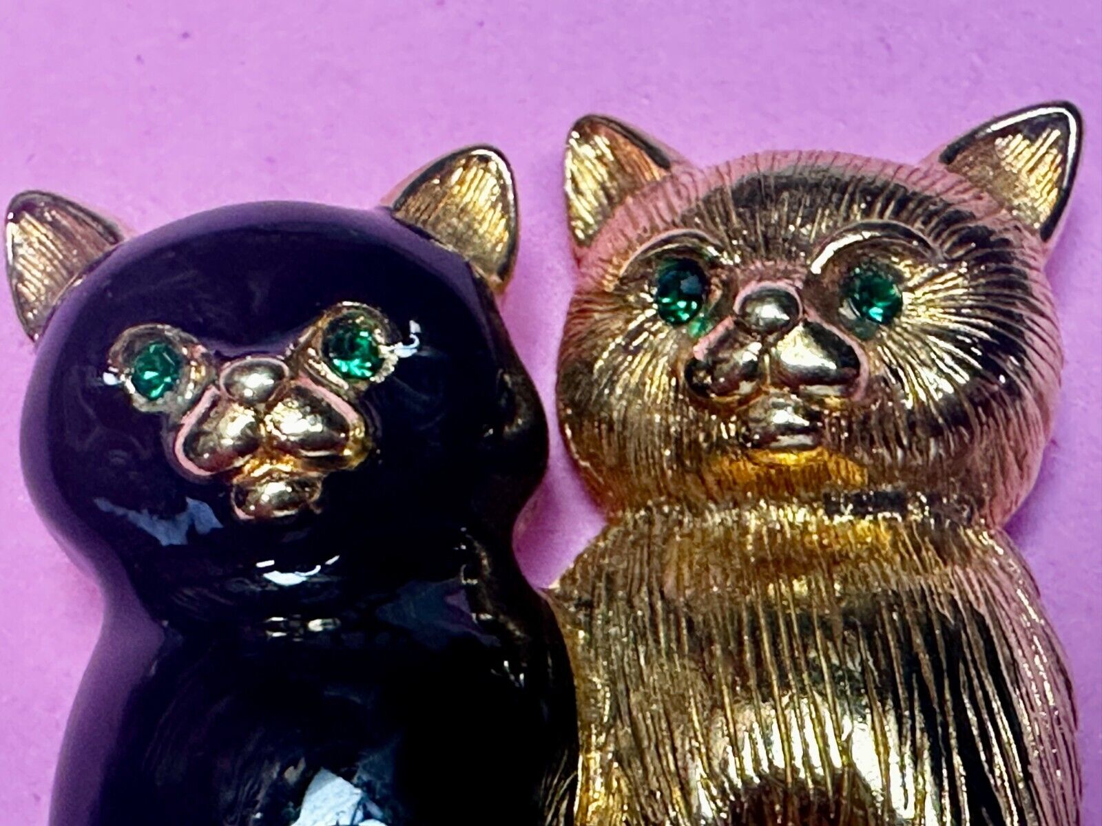 Two Sitting Cats Green Eyes, Black & Gold Kittens Brooch Pin Signed Swarovski