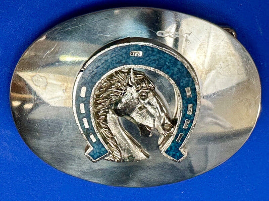 Vintage horse head bust in turquoise chip horseshoe on western belt buckle