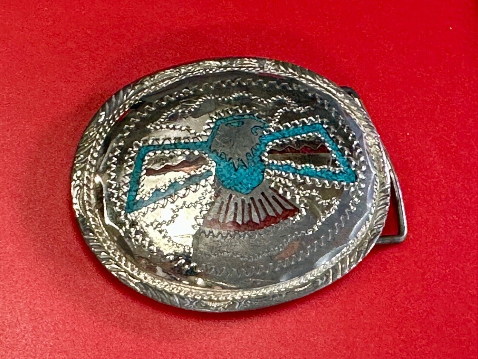 THUNDERBIRD Inlaid turquoise & Coral belt buckle - see hallmark ---   to restore