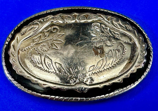USA made vintage western flower swirl oval gold & black color belt buckle