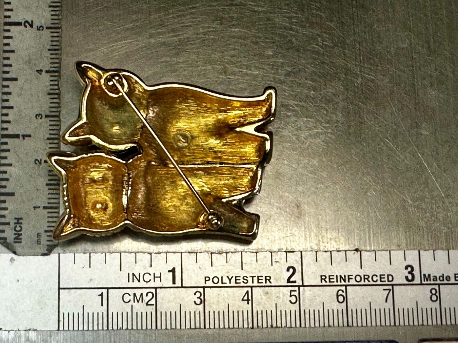 Two Sitting Cats Green Eyes, Black & Gold Kittens Brooch Pin Signed Swarovski