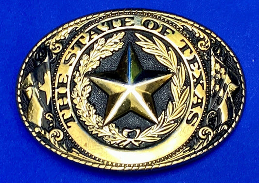 The State Of Texas Star Flag Ornate Gold Color Western Belt Buckle Marked W