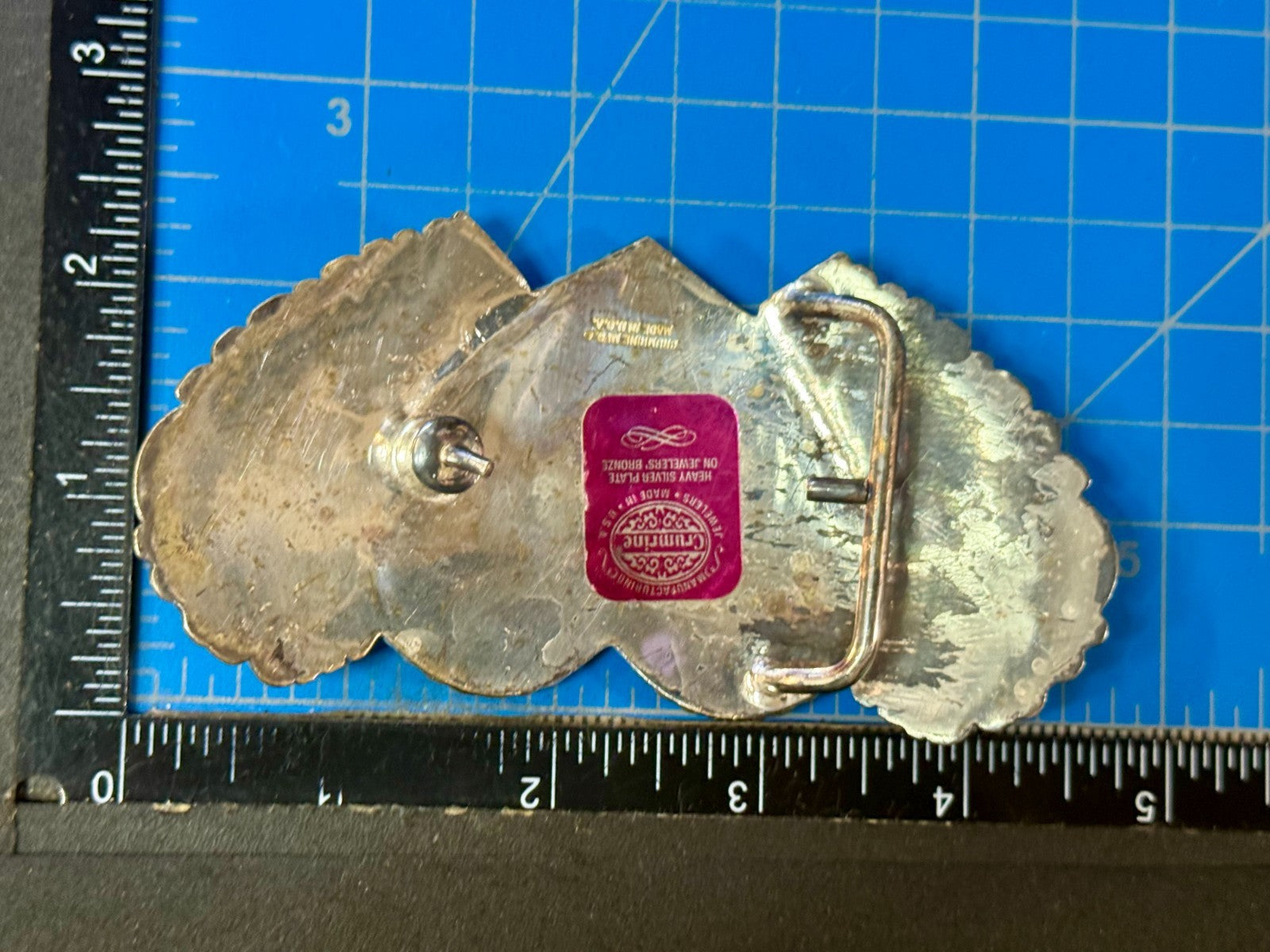 Triple Heart Shaped Heavy Silver Plate on Jewelers' Bronze Crumrine Belt Buckle