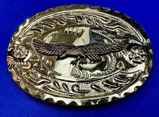 American Bald Eagle Flying Hunting Soaring Ornate Gold Color Western Belt Buckle