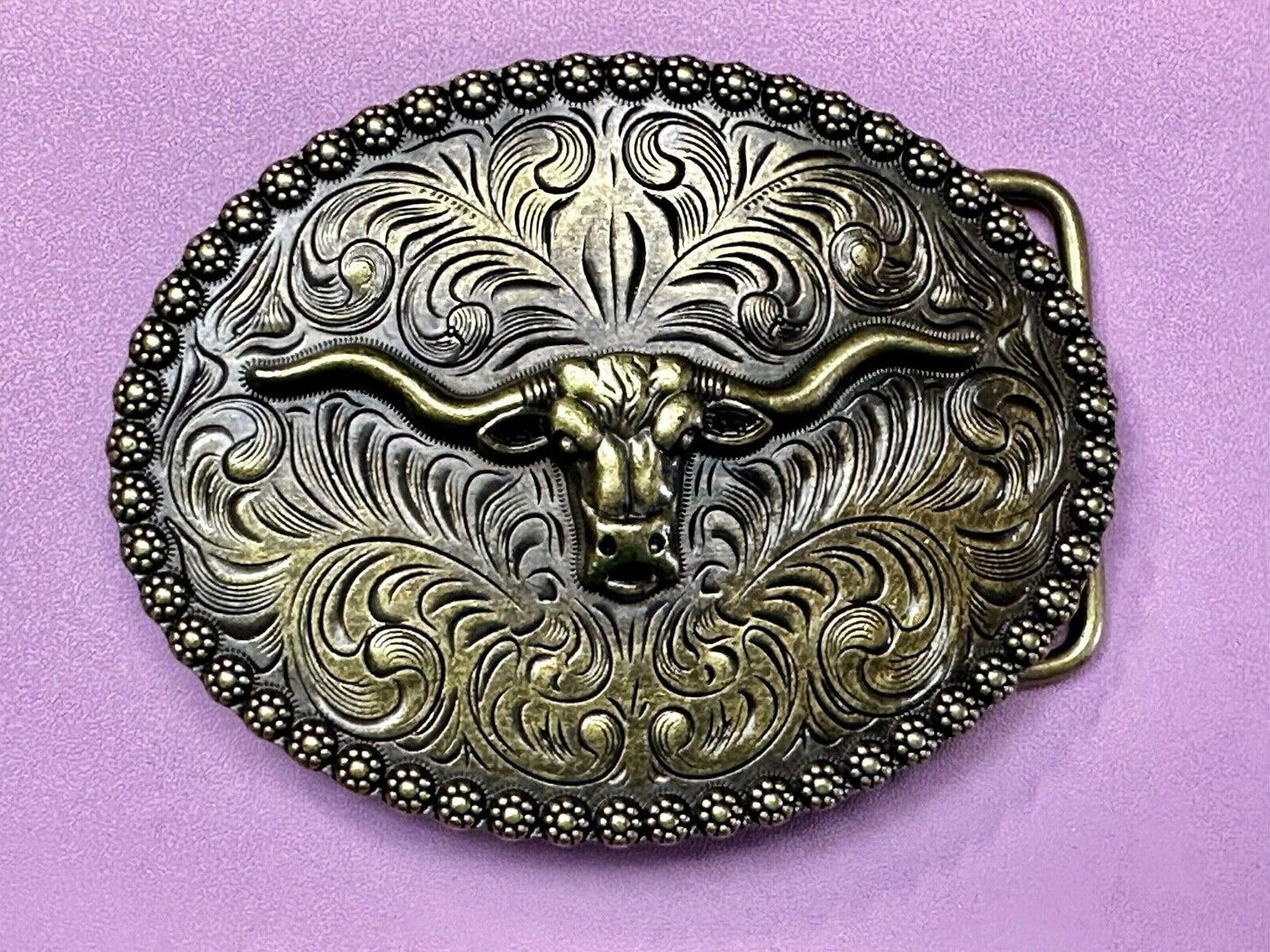 3.5" Wide Texas Longhorn Ornate Engraved Swirl Belt Buckle With Flower Boarder