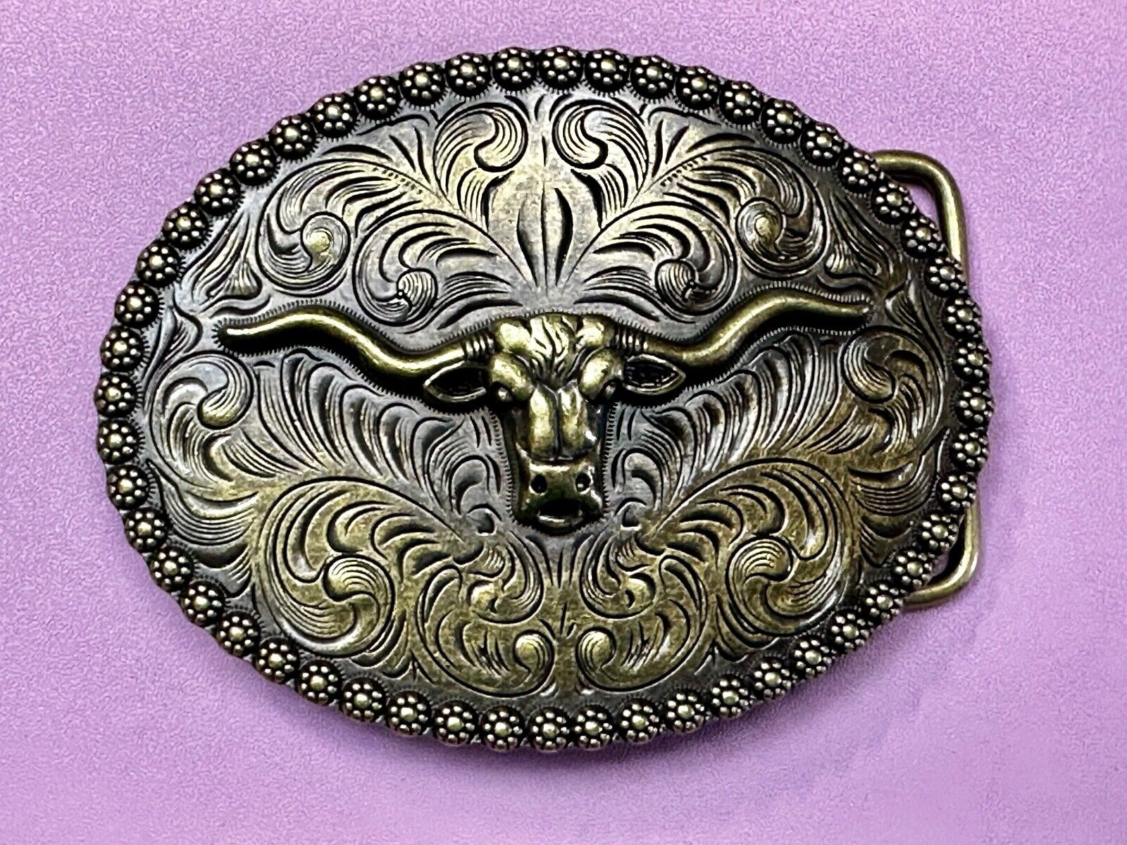 3.5" Wide Texas Longhorn Ornate Engraved Swirl Belt Buckle With Flower Boarder