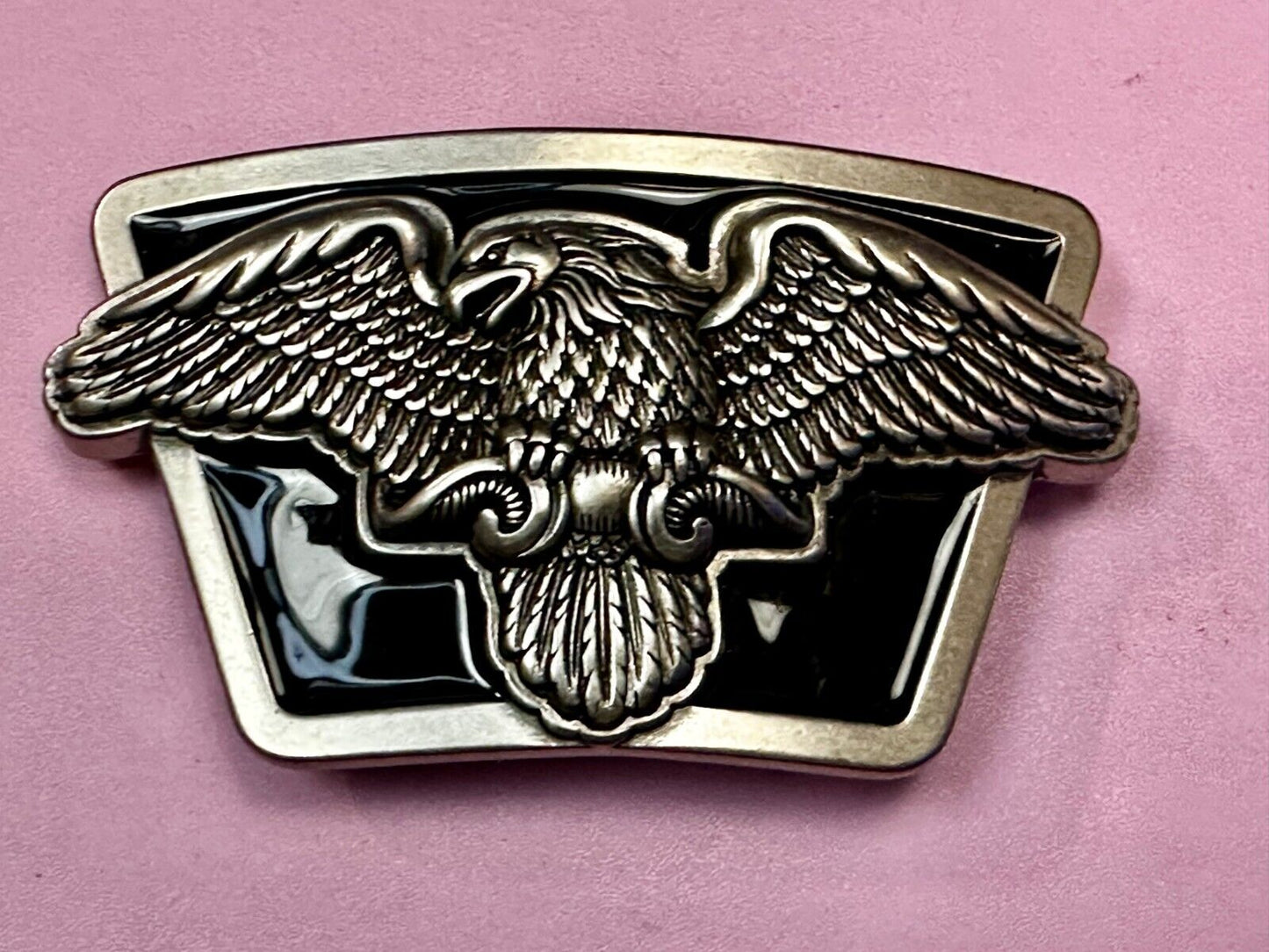American Flying Bald Eagle Spreading Wings Silver Tone Black Enamel Belt Buckle