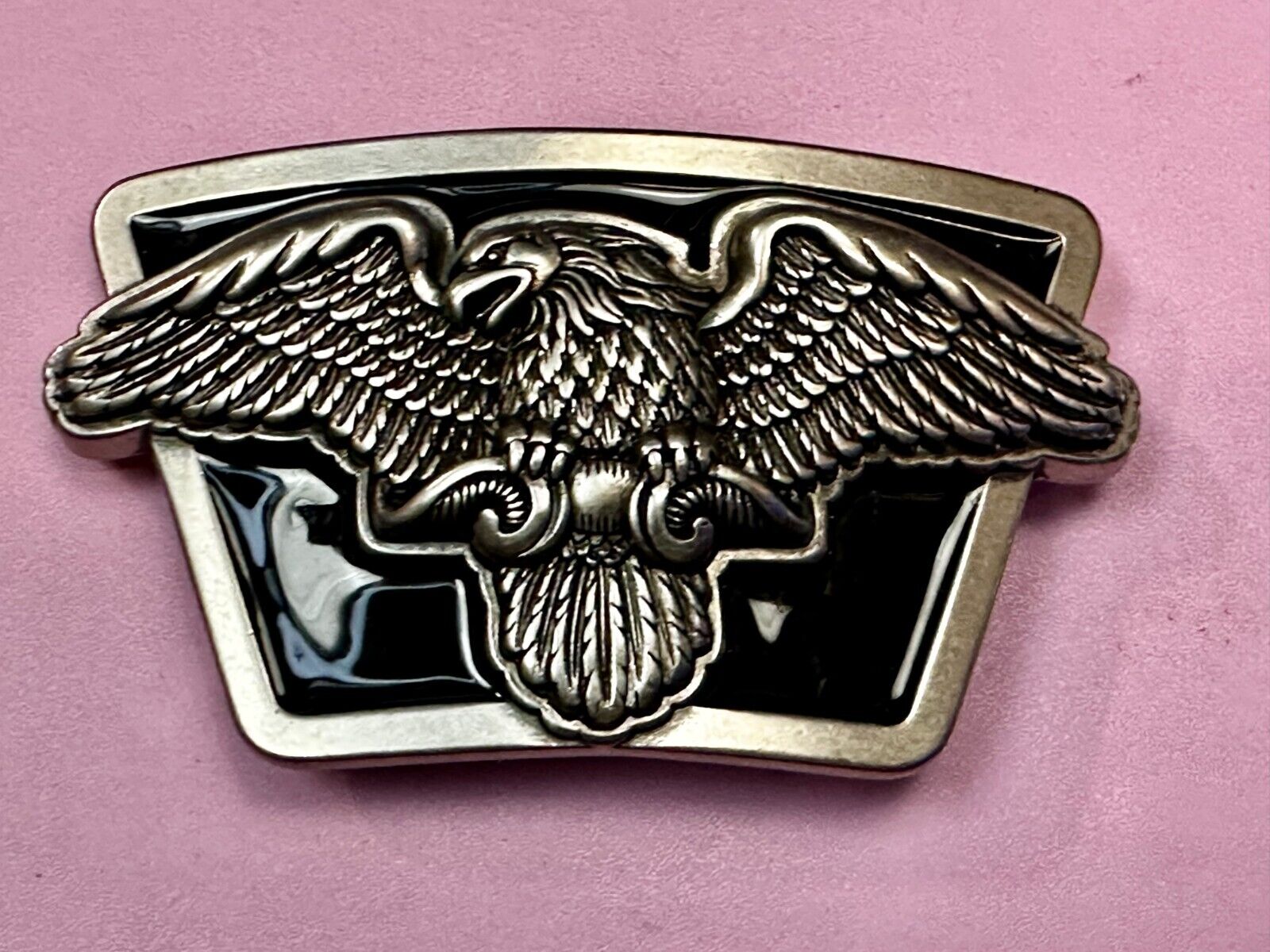 American Flying Bald Eagle Spreading Wings Silver Tone Black Enamel Belt Buckle