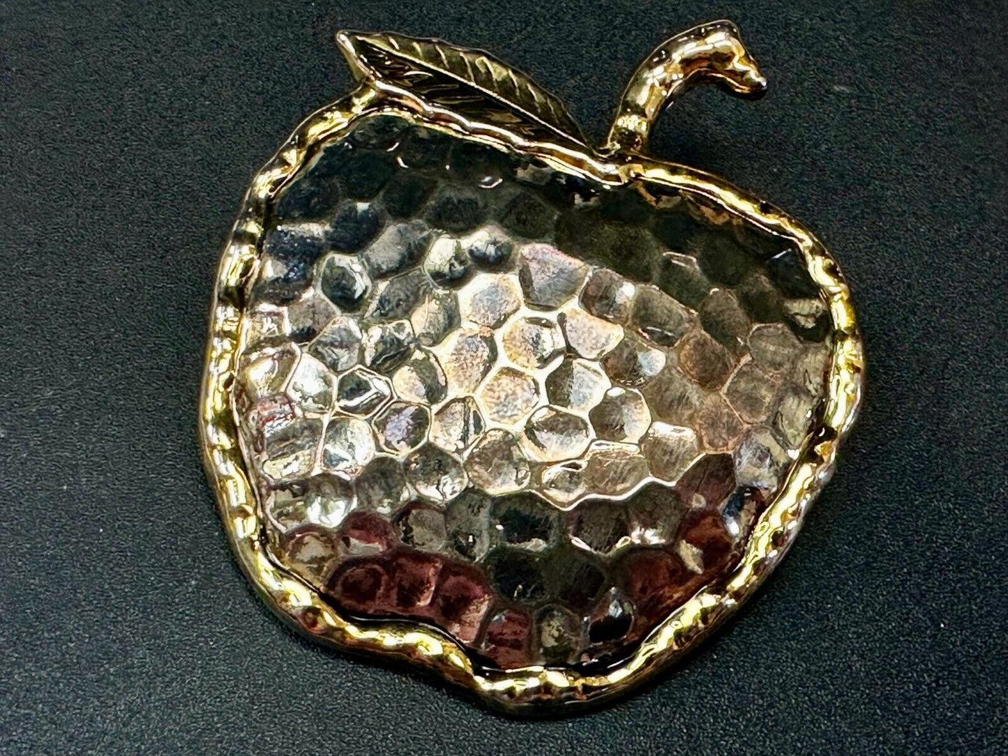 Apple Fruit Shape Hammered Texture Silver Tone Brooch Pin Signed by Best