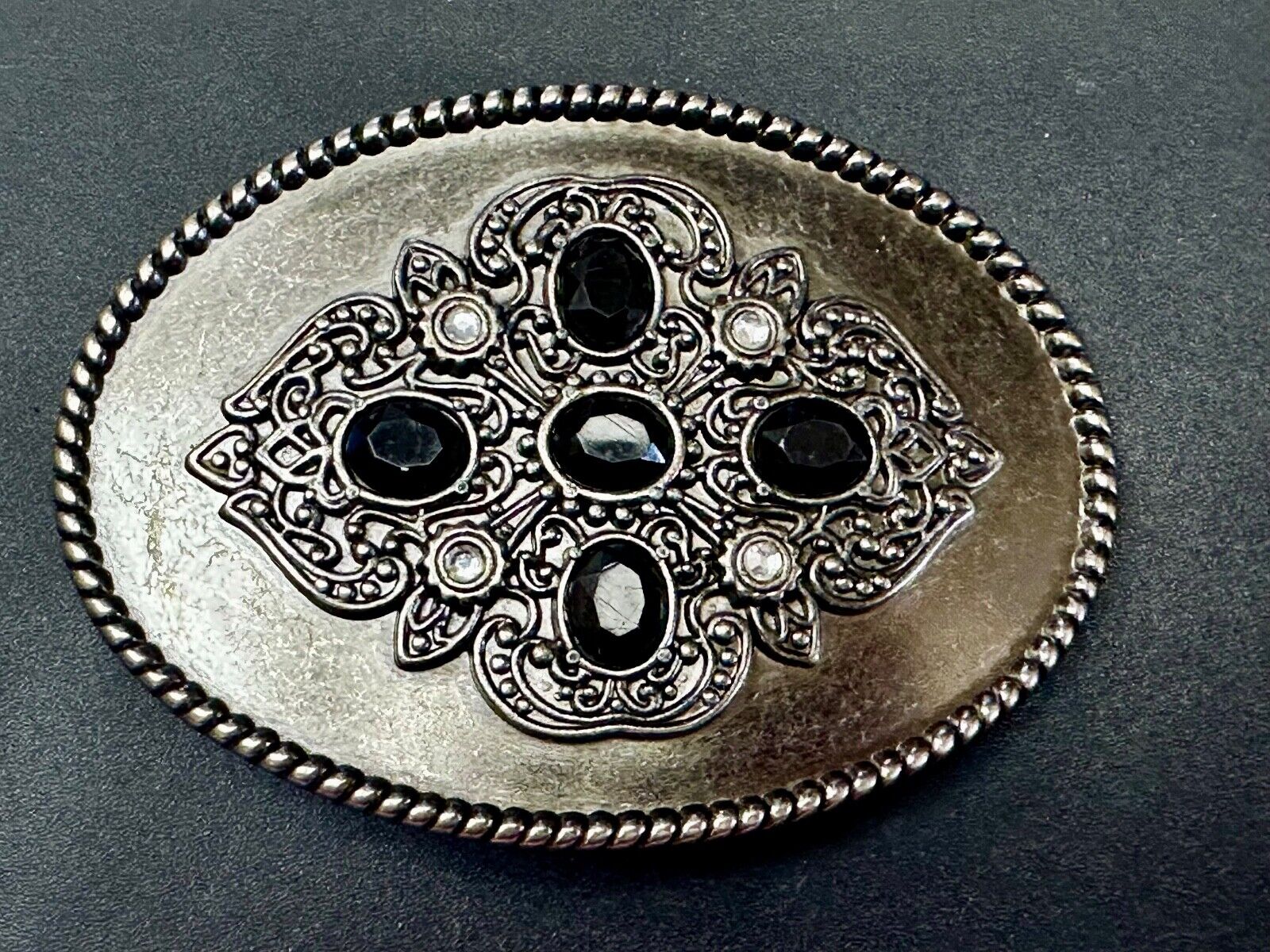 Black & White Rhinestones on Ornate Western Oval Belt Buckle with Rope Border