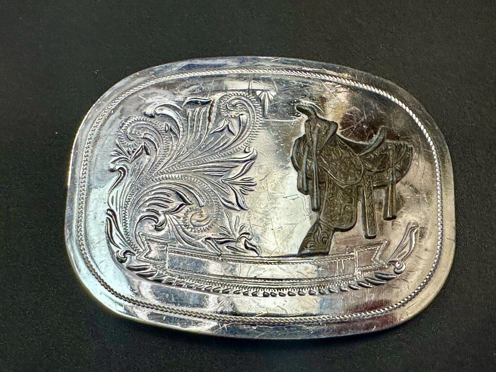 Vintage Cowboy Horse Saddle western belt buckle - blank award ribbon