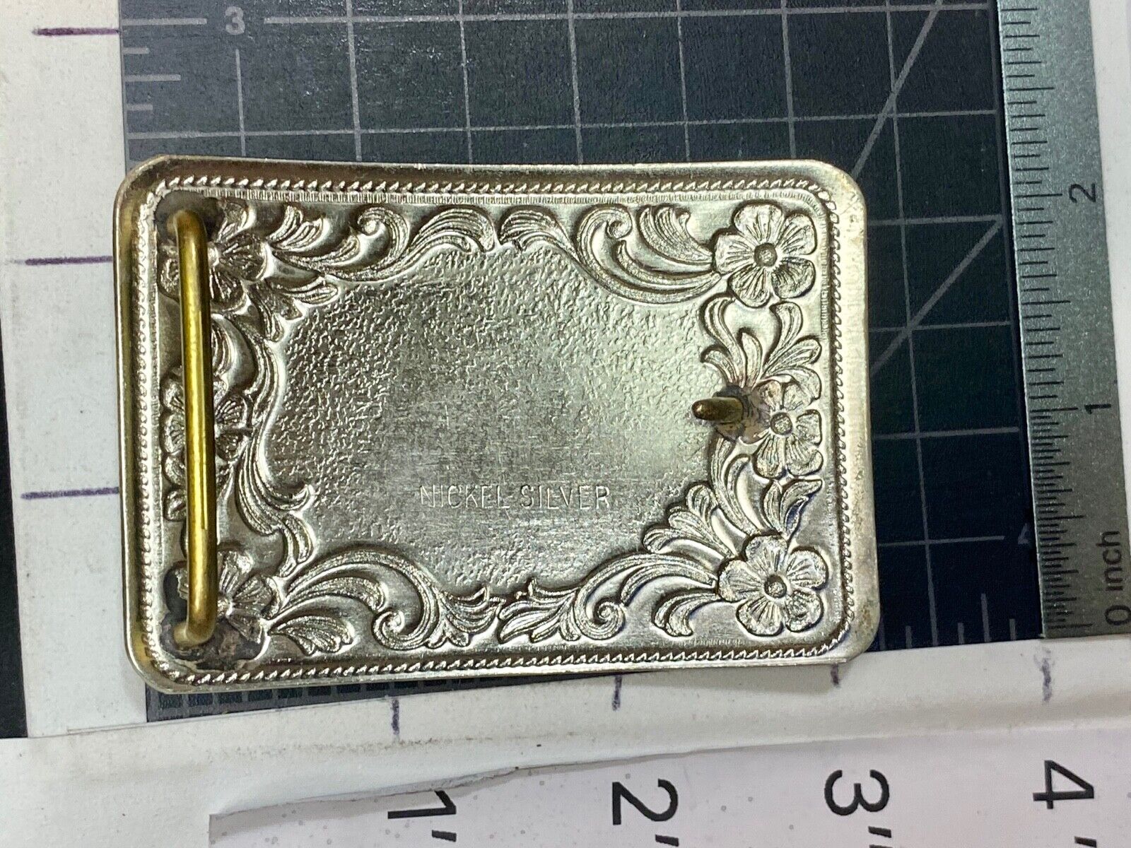 Antique Horse western Nickle Silver and black paint flower swirl belt buckle 