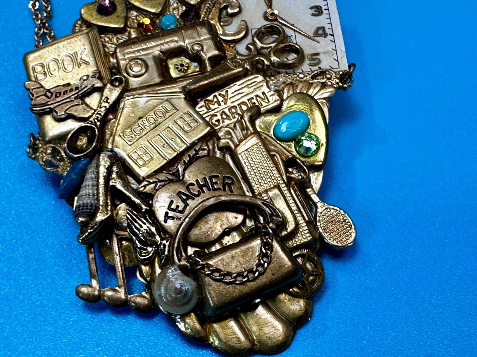 Teacher School Book My Garden Artisan Chain Charm Gold Tone Brooch Pin 2006