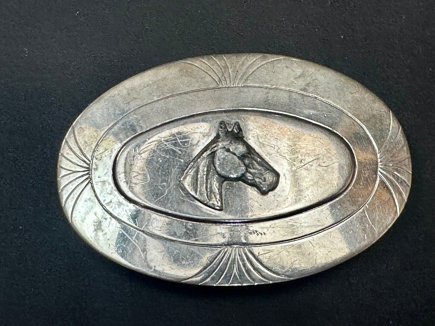 Vintage Horse Head Nickel Silver Oval Belt Buckle by The LynTone Company