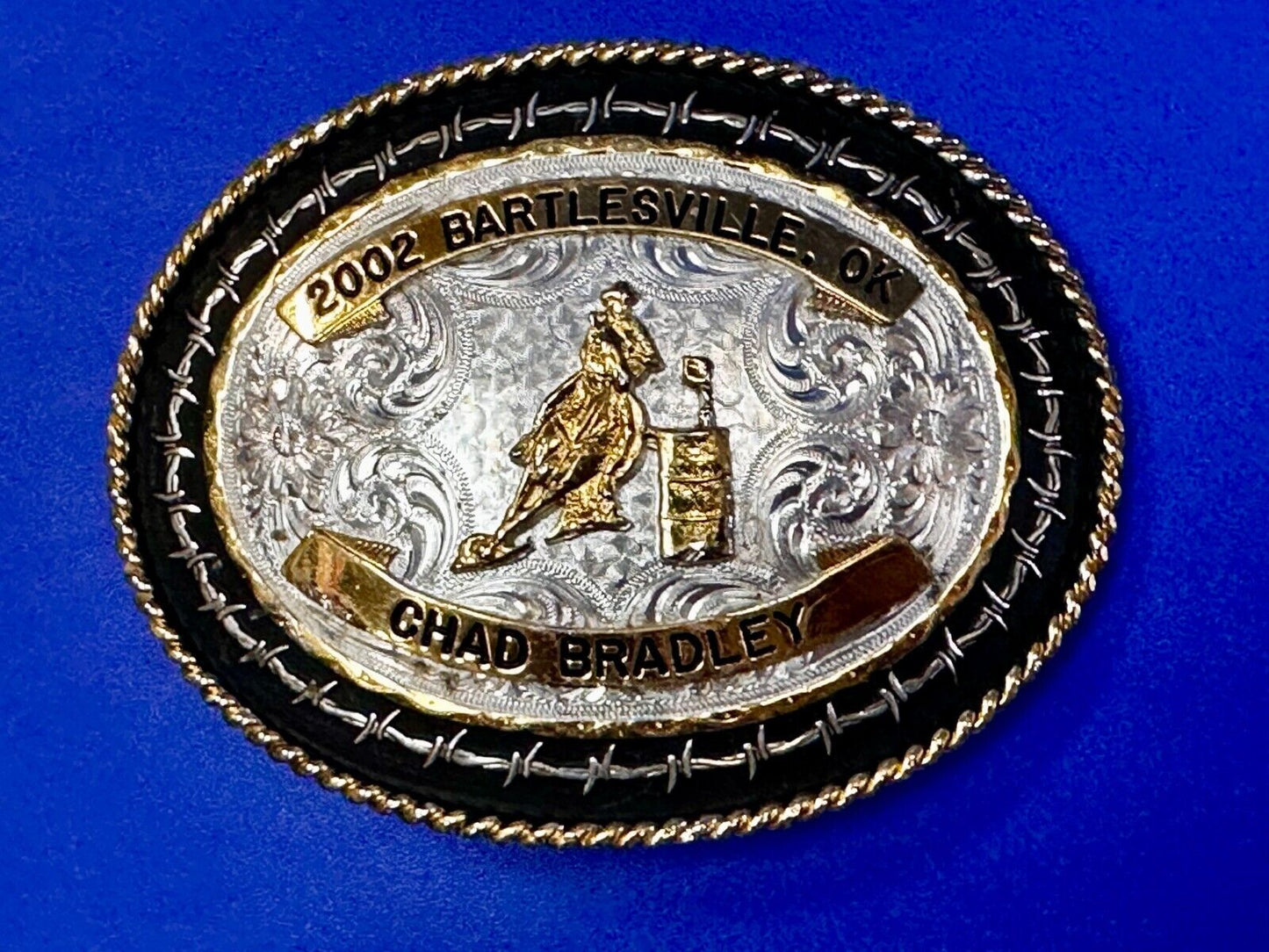 2002 Bartlessville OK Rodeo Trophy Chad Bradley Montana Silversmiths Belt Buckle