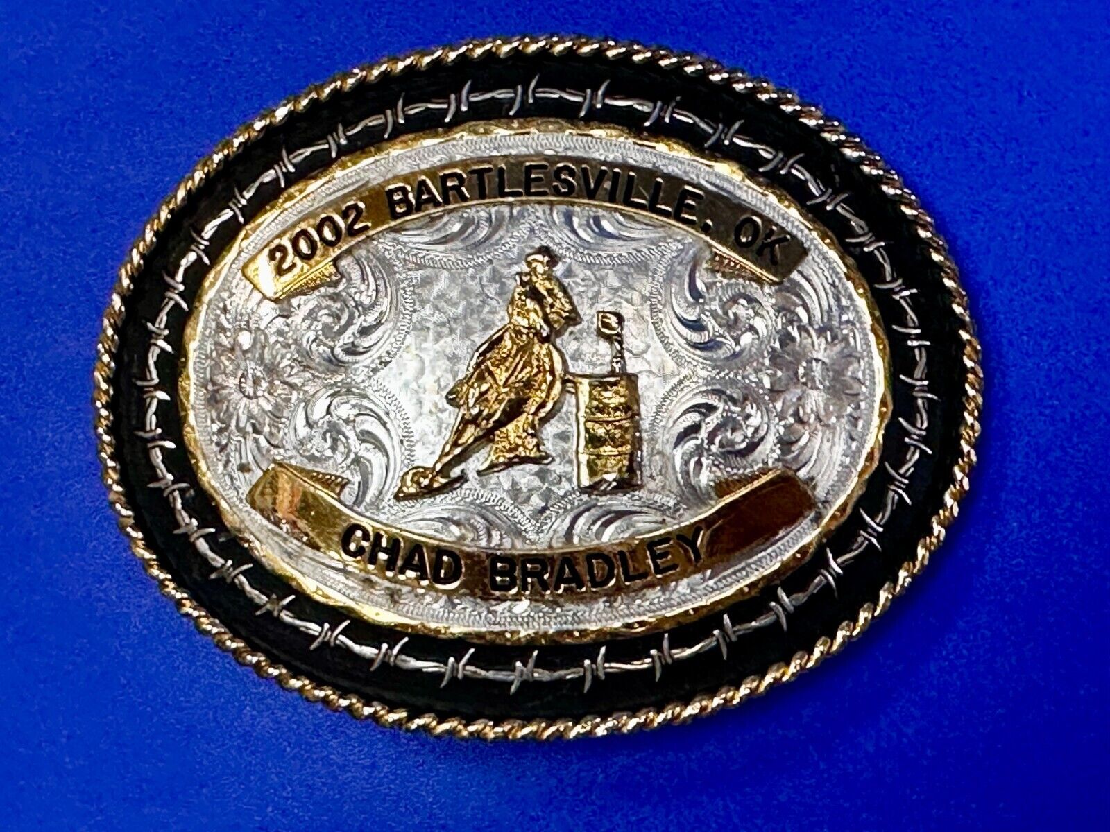 2002 Bartlessville OK Rodeo Trophy Chad Bradley Montana Silversmiths Belt Buckle
