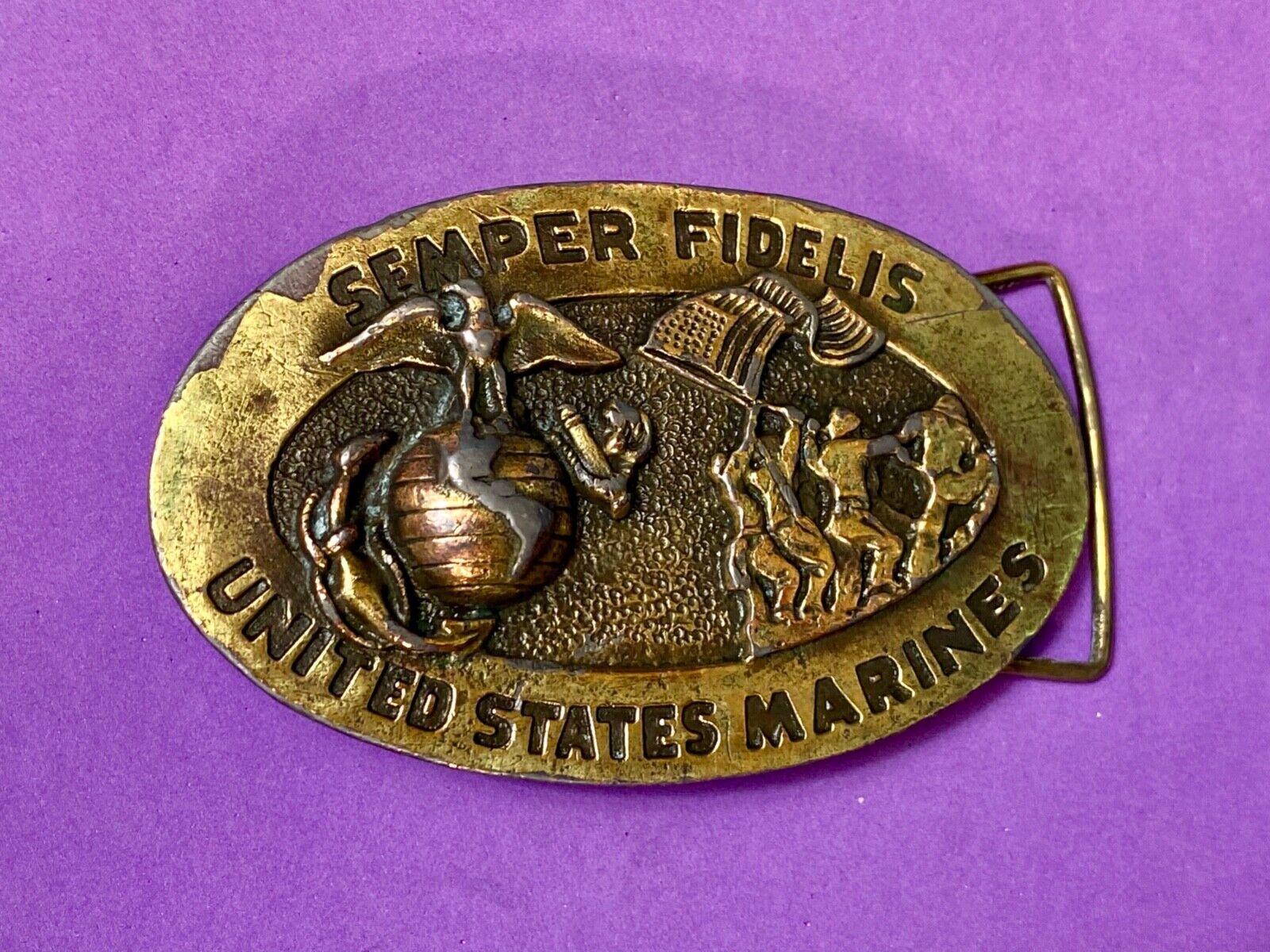 US Marines Semper Fidelis United States Vintage 4" wide brass Tone belt buckle