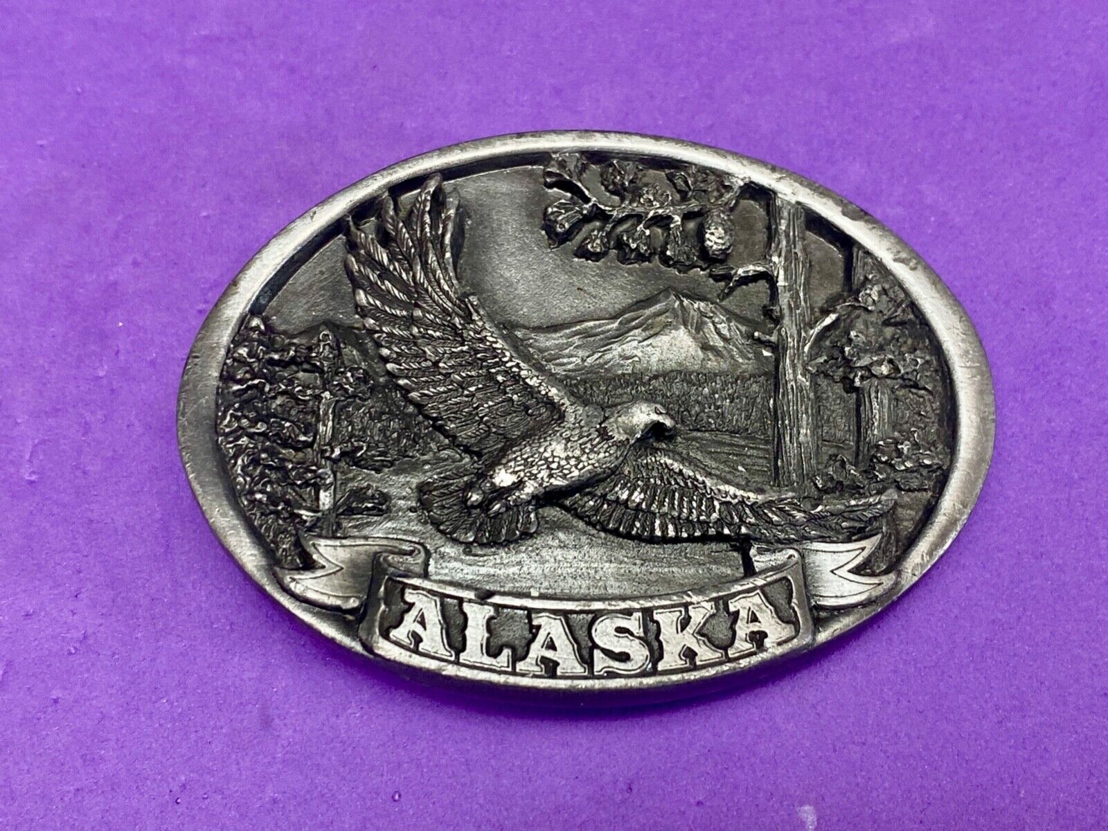 Vintage 1986 Eagle flying high over mountains Alaska belt buckle by C+-J