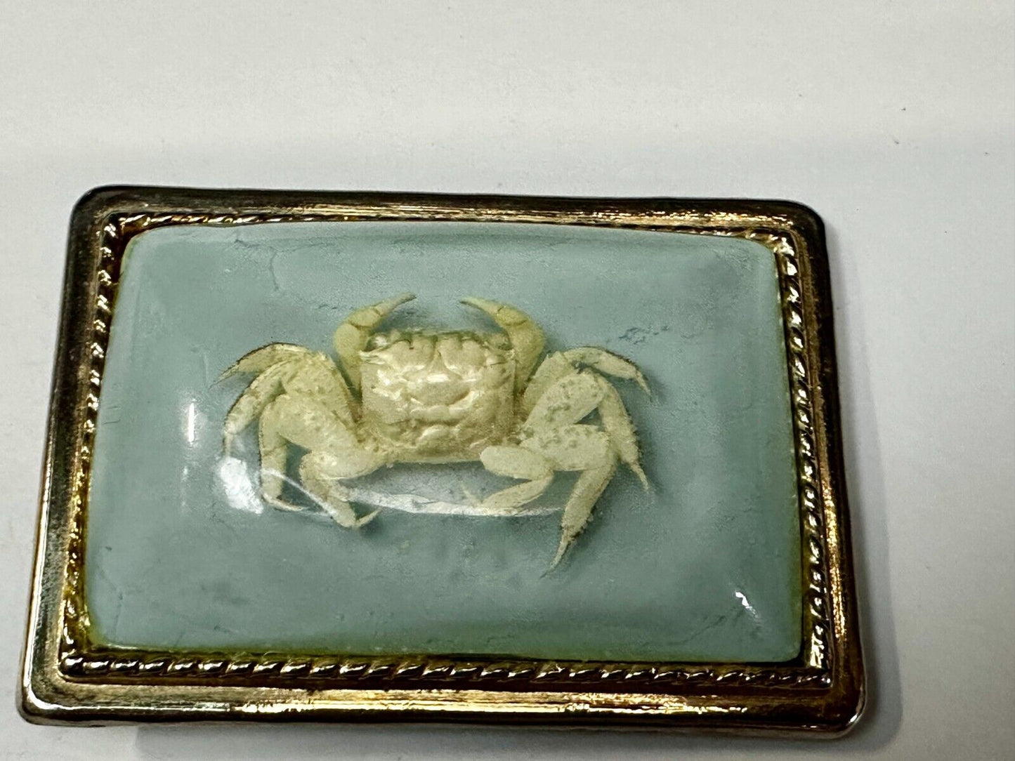 White Fiddler Crab Encased in Clear Enamel Vintage Gold tone Belt Buckle