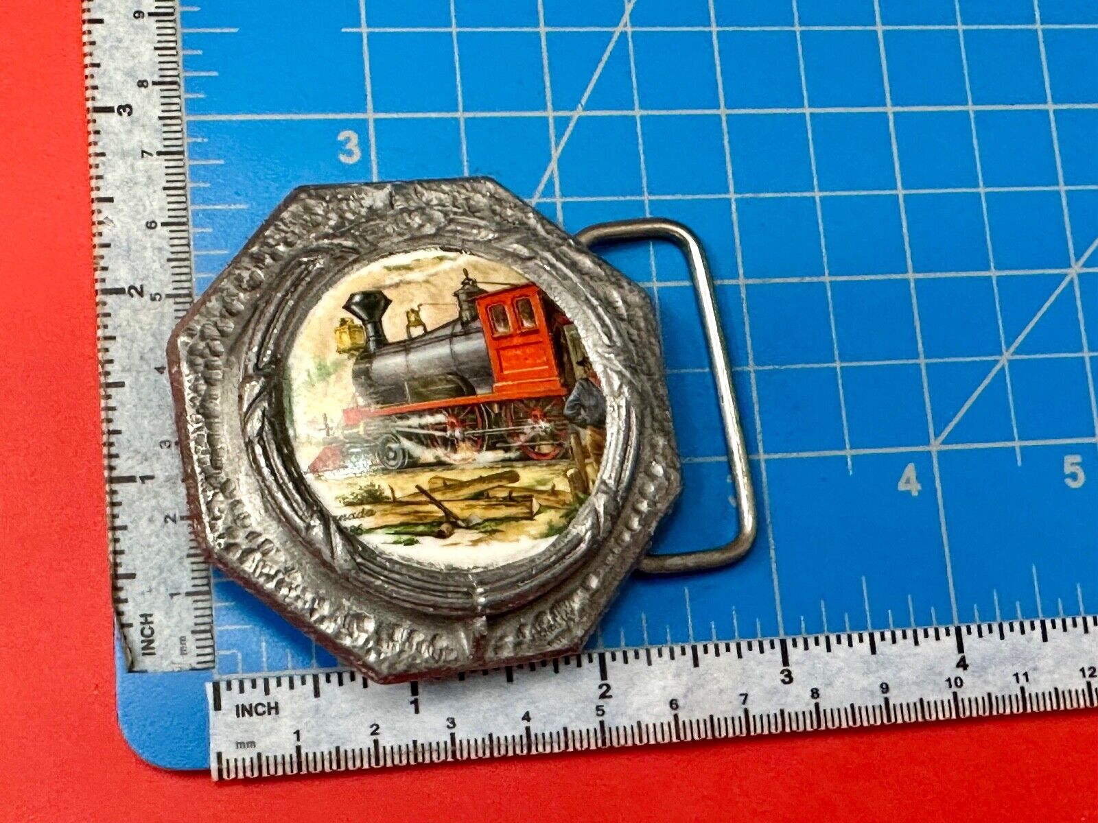 Train Steam Engine Art Picture on ceramic and pewter Vintage Belt Buckle