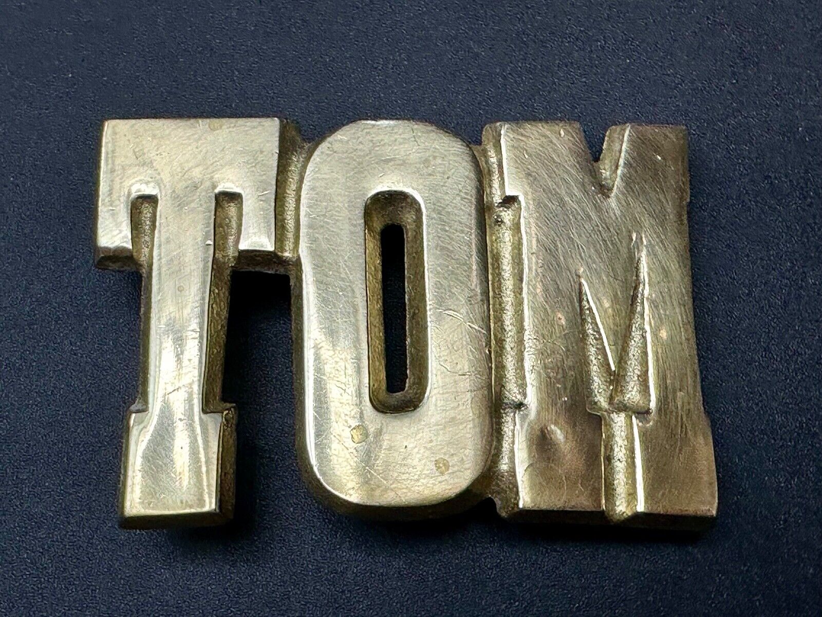 TOM Custom Name in cutout block letters solid brass belt buckle - Taiwan ROC
