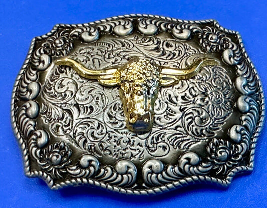 Two tone Ornate LONGHORN SKULL western belt buckle
