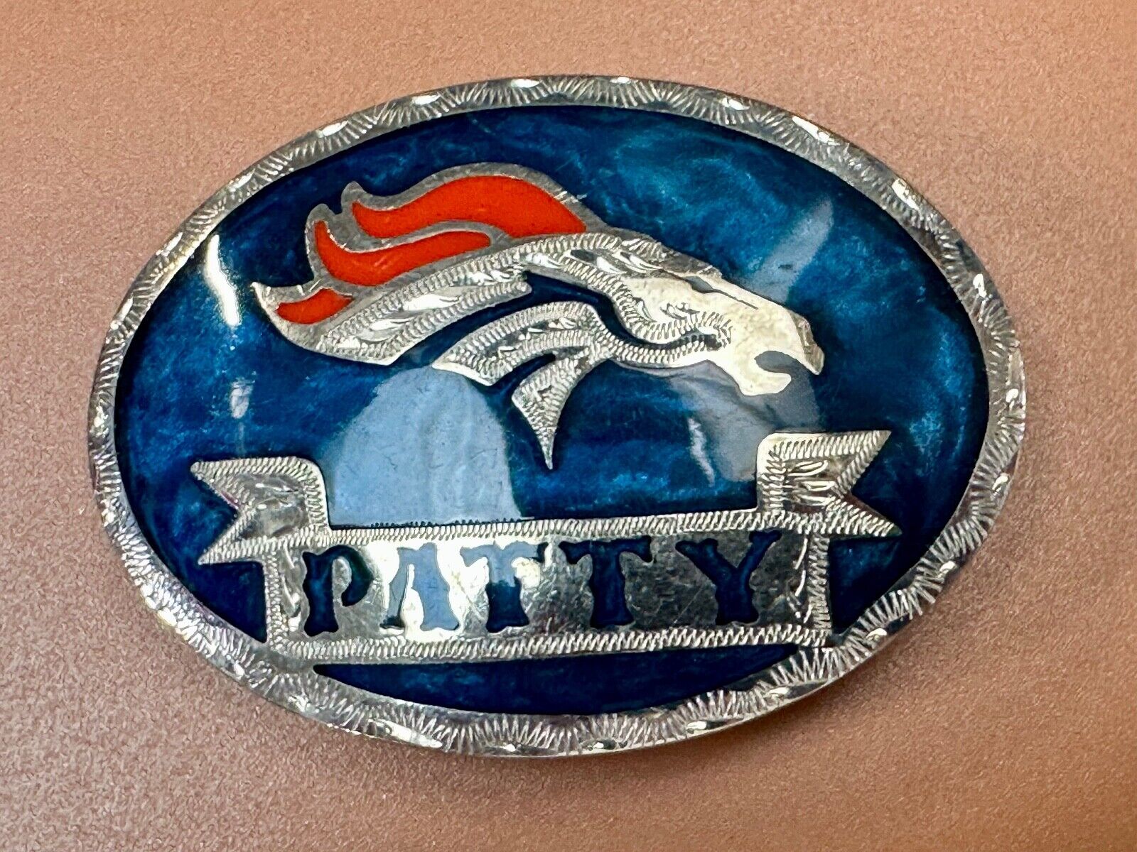 Artisan Custom Name PATTY ribbon - enamel inlaid Mustang race horse belt buckle